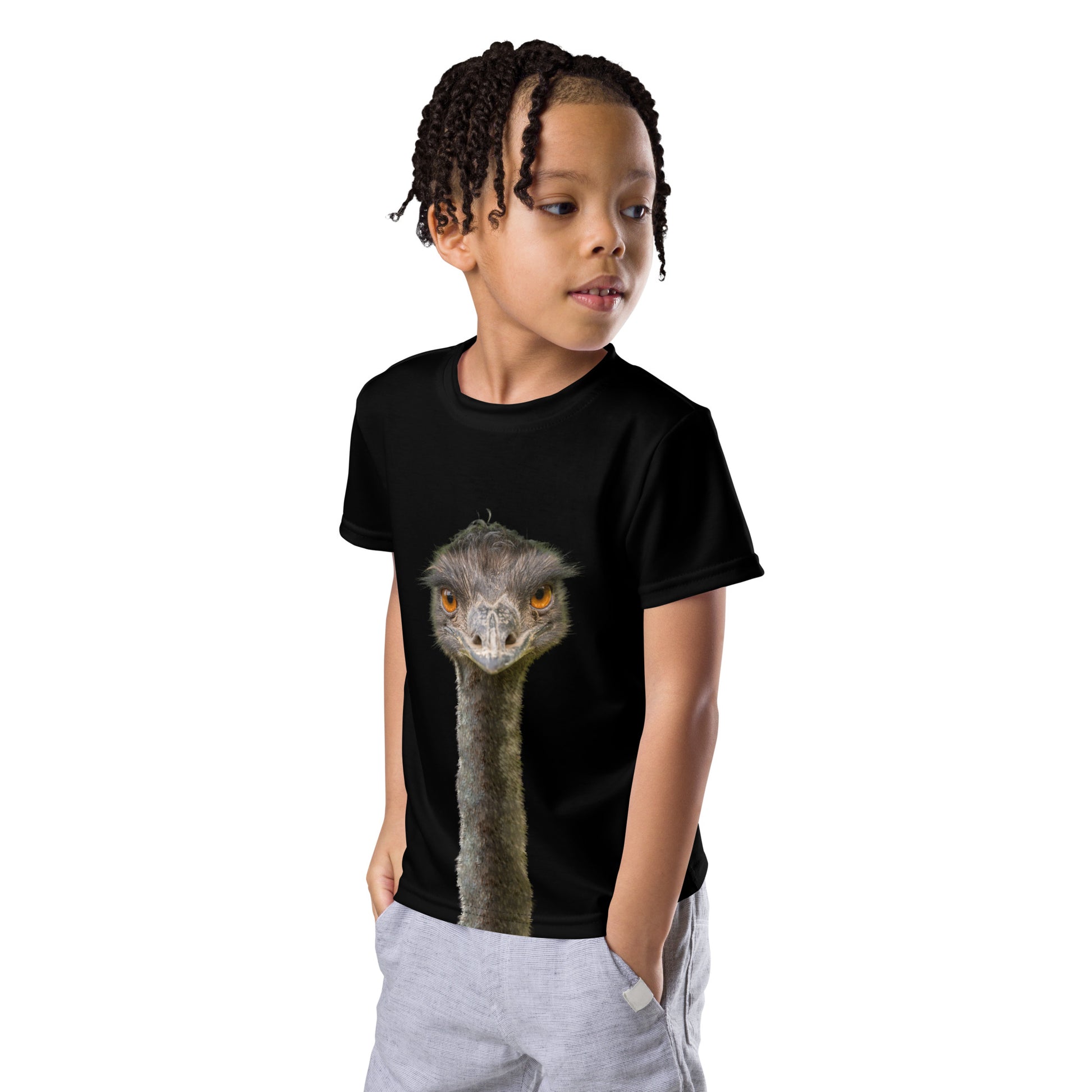 Little boy wearing a black T-shirt with a tall Emu head and neck on both the front and back of the shirt, front left view