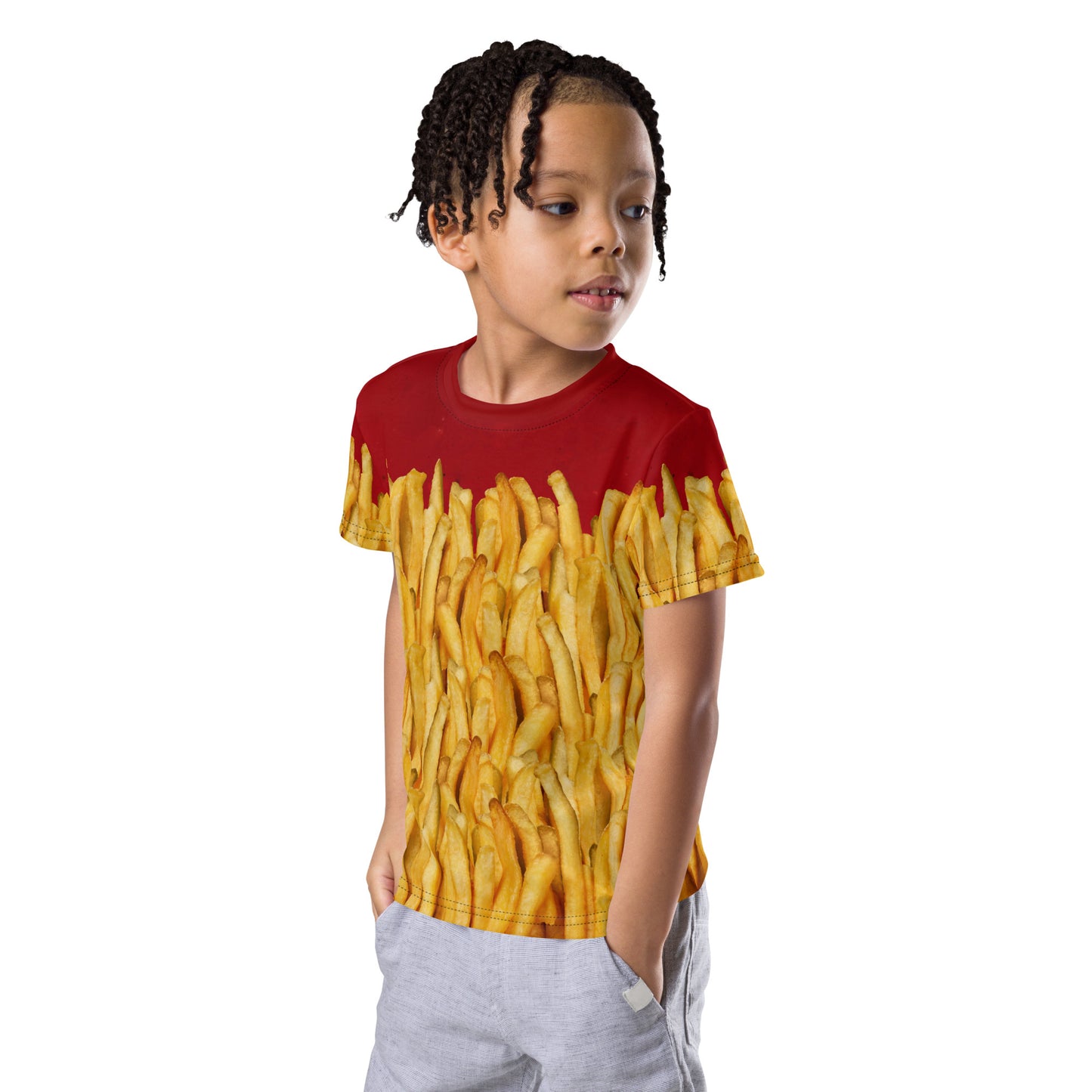 Little boy wearing a french fries and ketchup all over print T-shirt, left view