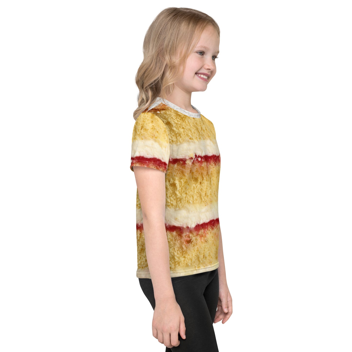 Little girl wearing Victoria sponge cake layers with fresh cream and jam all over print kid's T-shirt right view