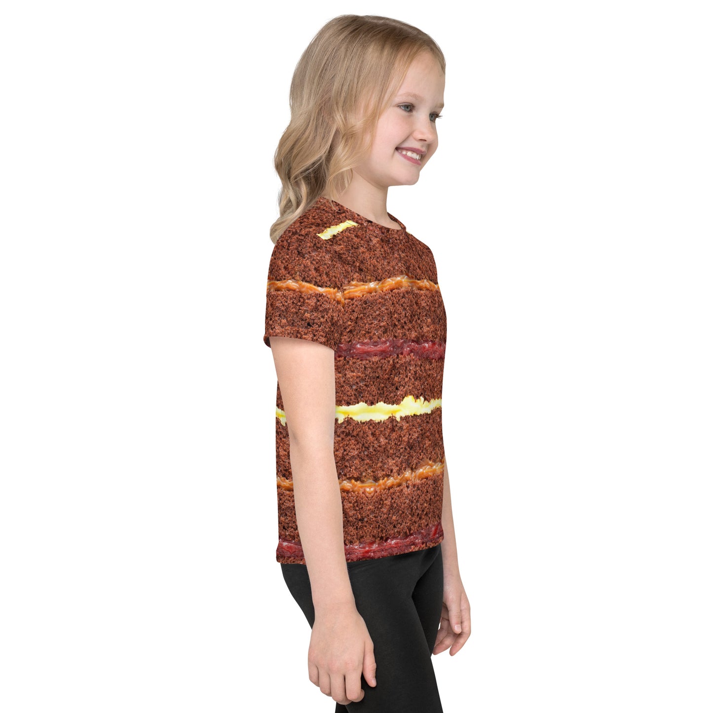 Little girl wearing chocolate cake layers all over print kid's T-shirt right side