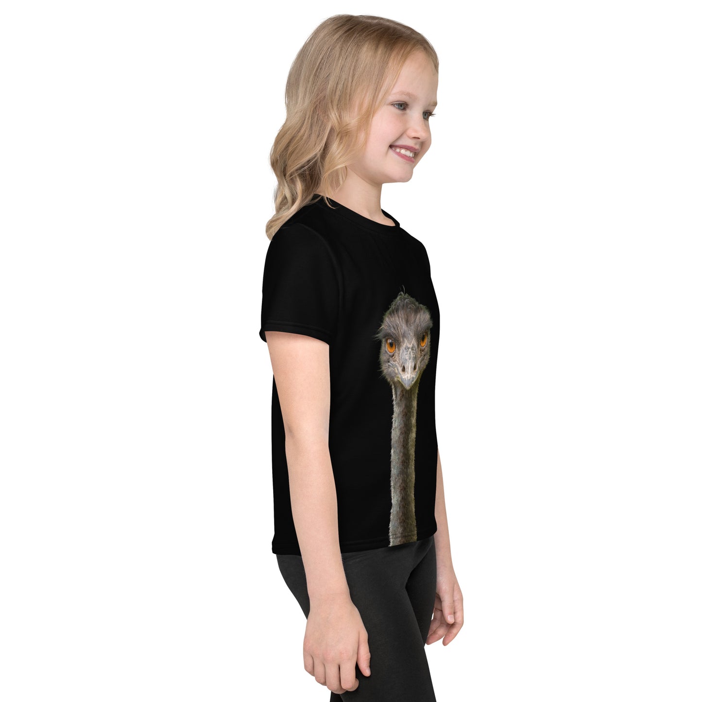 Little girl wearing a black T-shirt with a tall Emu head and neck on both the front and back of the shirt, right view