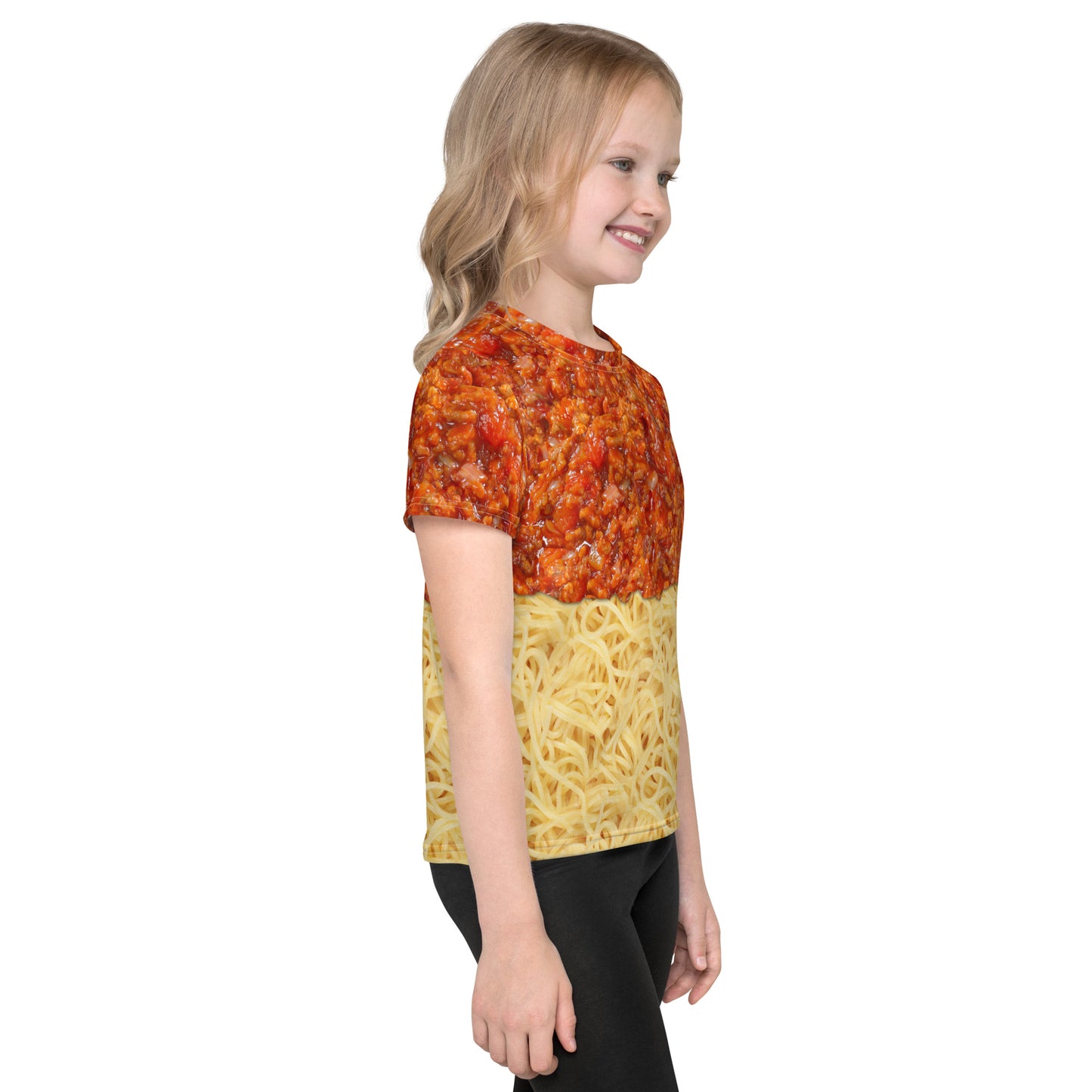 Little girl wearing a kid's spaghetti bolognese all over print T-shirt, front right view.