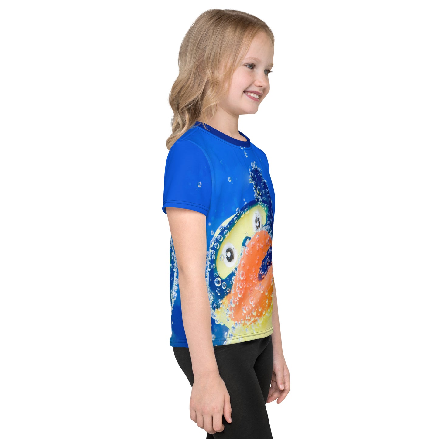 Little girl wearing an All over print Rubber Duck Snorkelling Underwater T-shirt, right side.