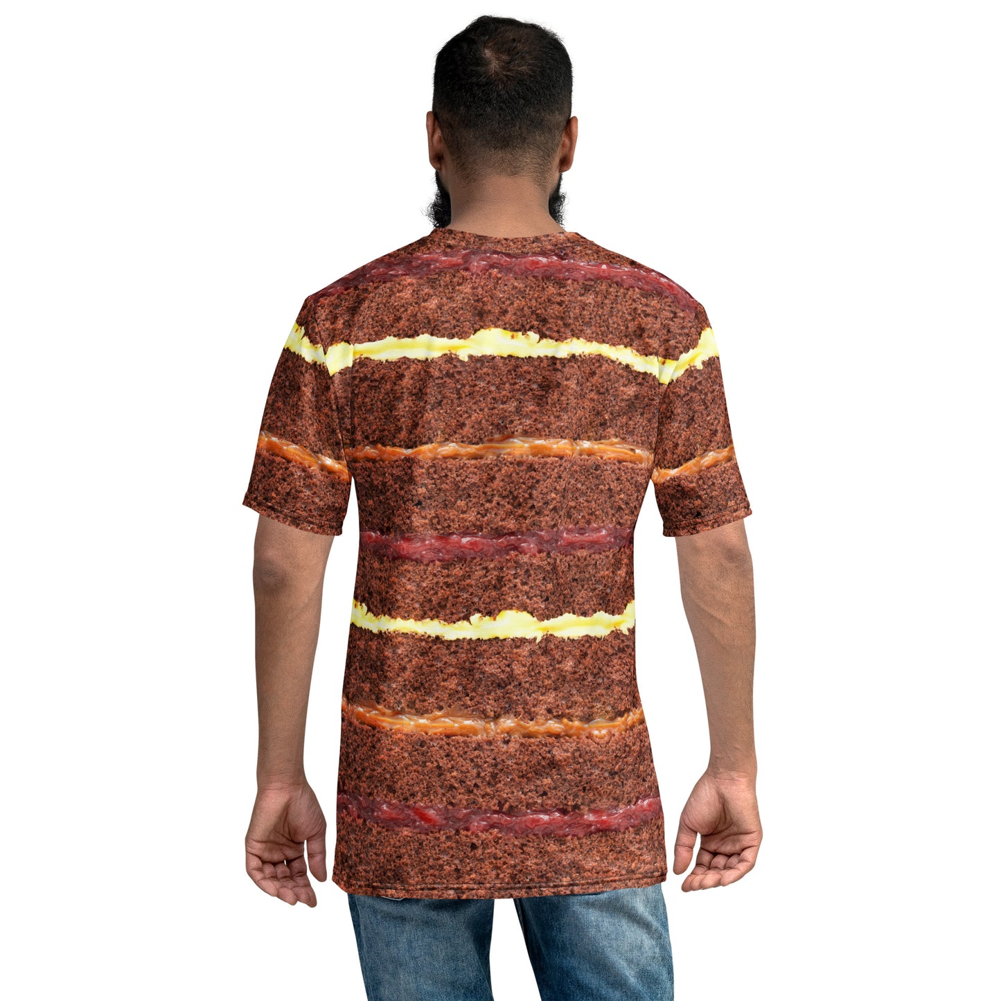 male model wearing Chocolate Gateau Cake Layers all over print men's T-shirt rear view