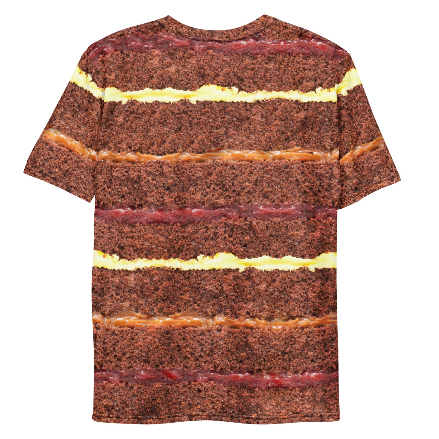 Chocolate Gateau Cake Layers all over print men's T-shirt laid flat rear view