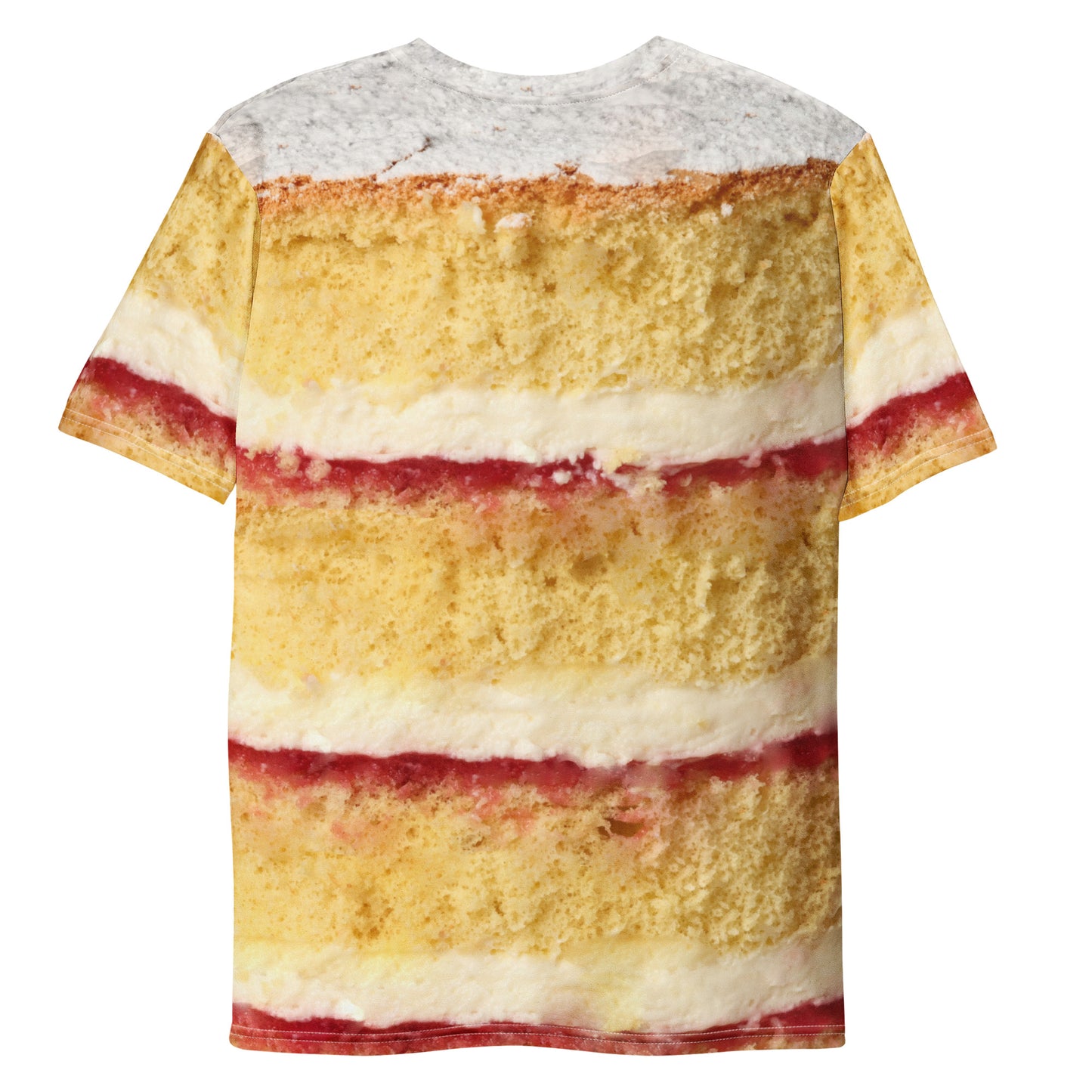 Victoria sponge cake layers men's all over print T-shirt laid flat back