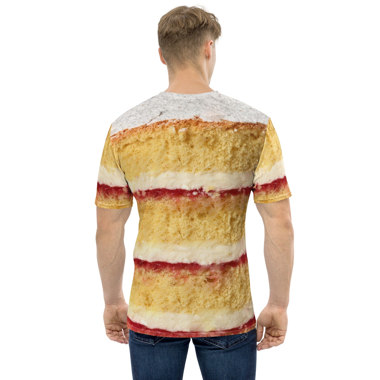 male model wearing Victoria sponge cake layers men's all over print T-shirt rear view