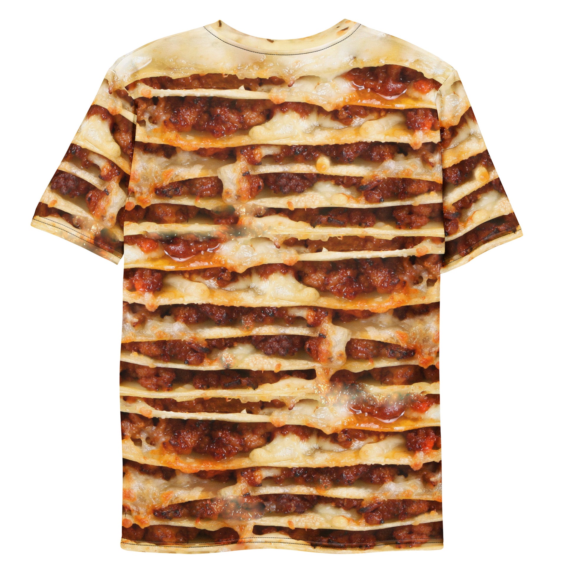 Lasagne layers all over print men's T-shirt laid flat rear of shirt