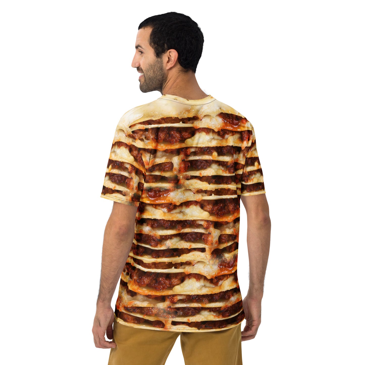 male model wearing Lasagne layers all over print men's T-shirt rear view