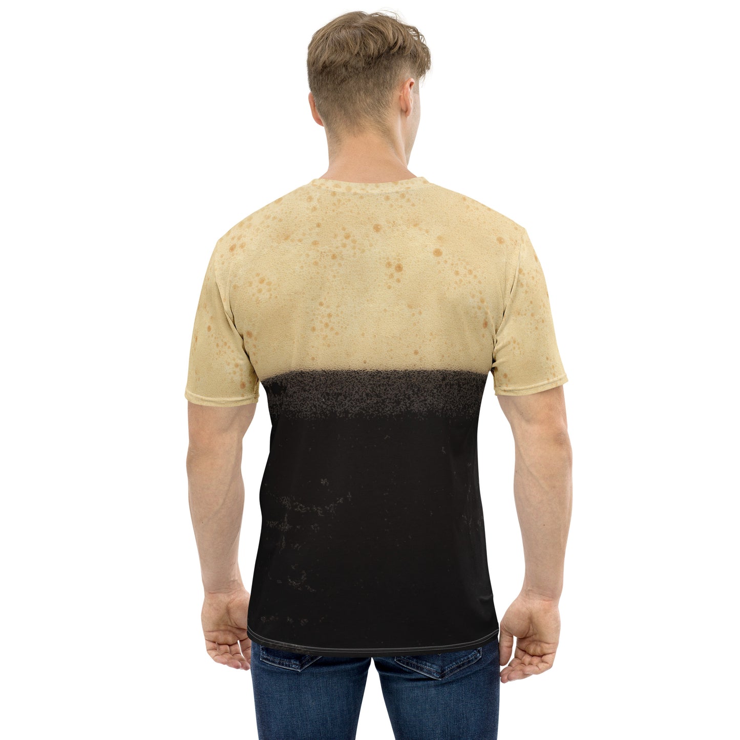 Irish stout bubbles all over print men's T-shirt rear view male model