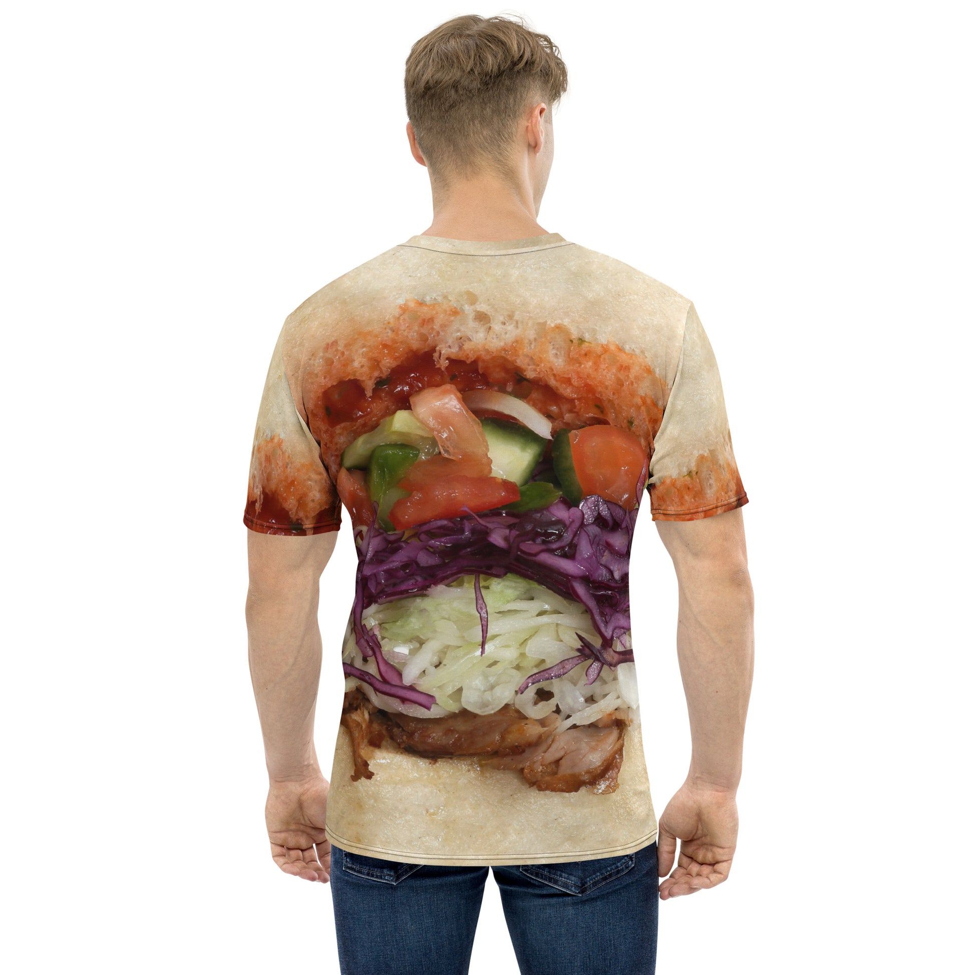 male model wearing Doner kebab with chilli sauce and salad all over print men's T-shirt rear view