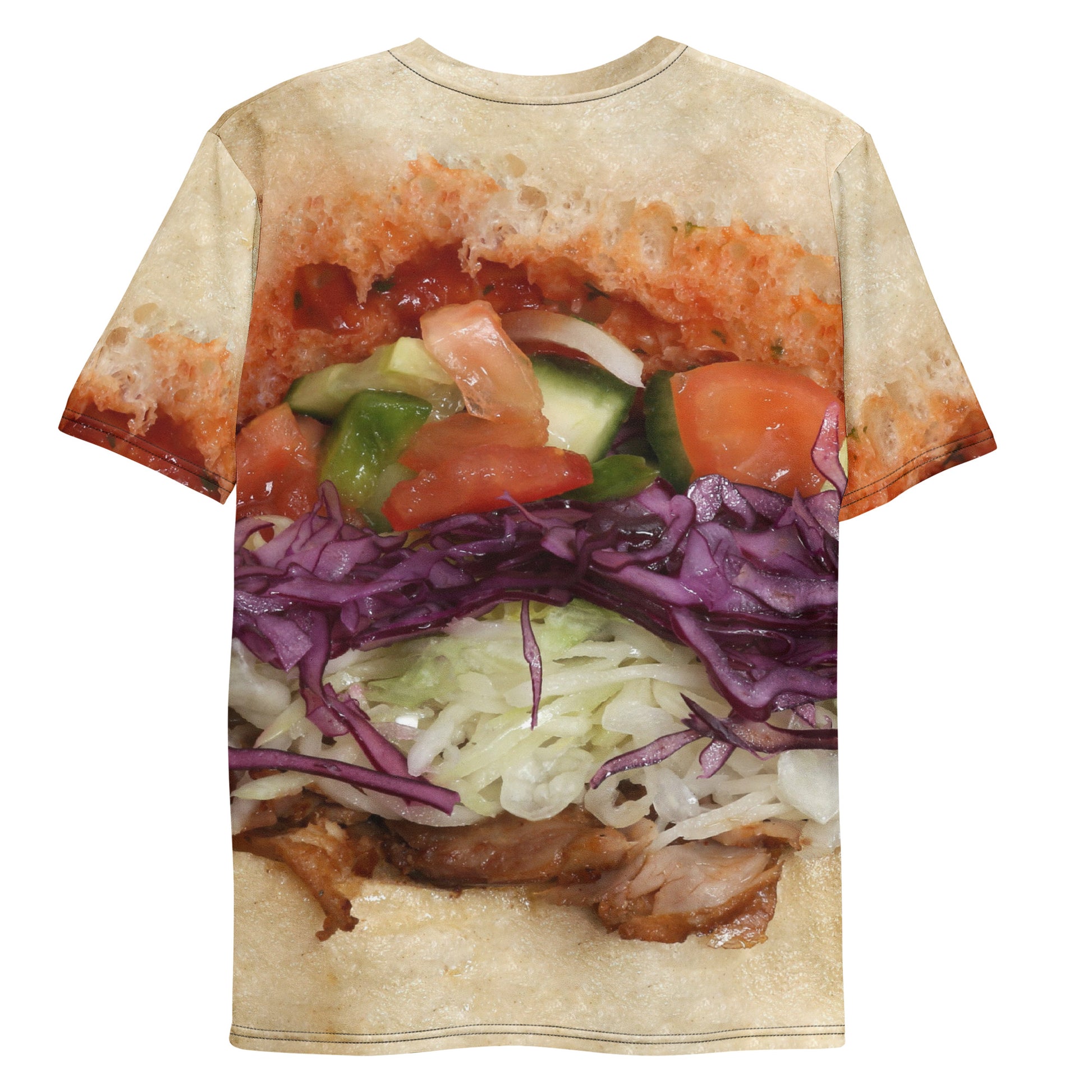 Doner kebab with chilli sauce and salad all over print men's T-shirt laid flat back view