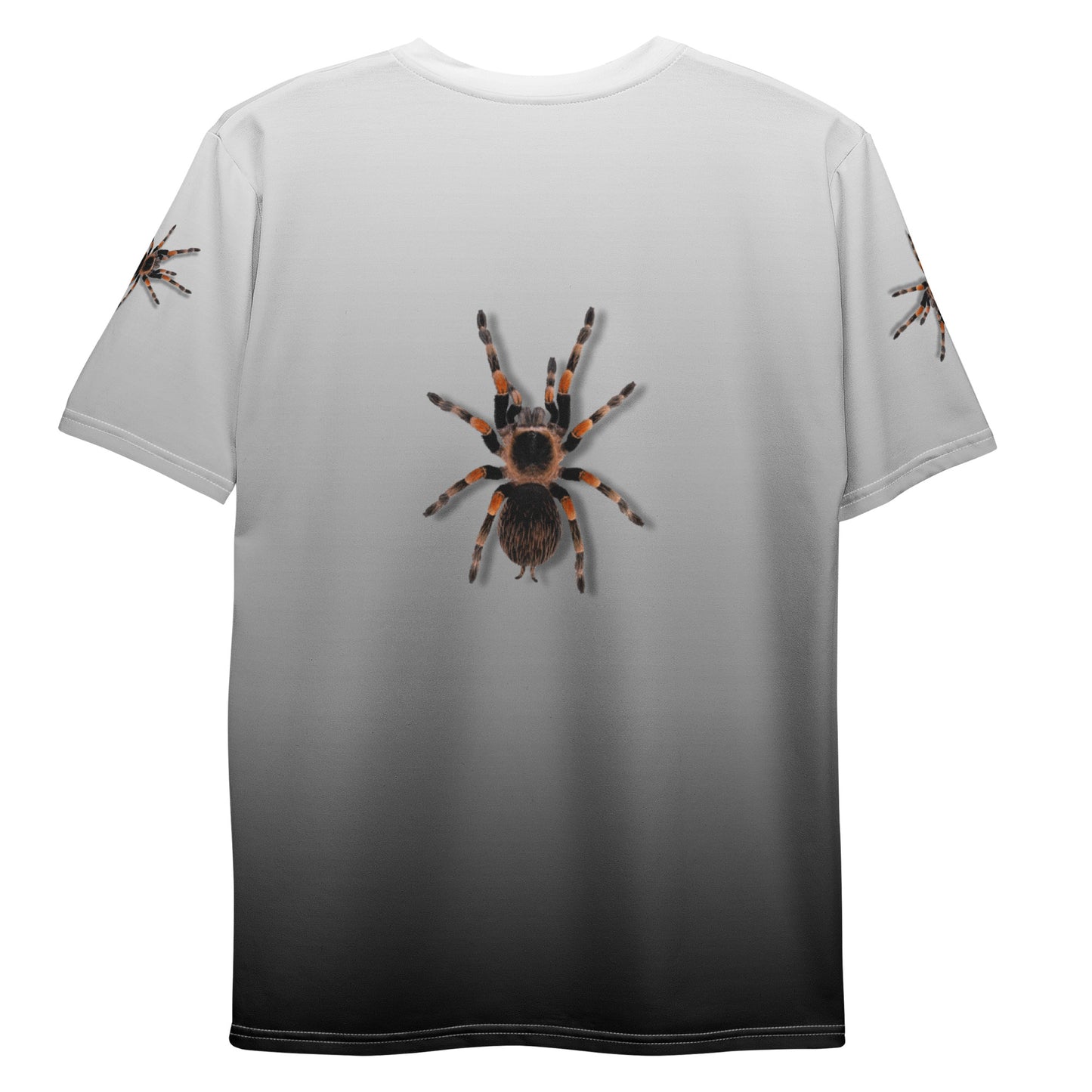 Men's 3D Tarantula spiders all over print T-shirt, with realistic tarantulas on both arms, front and back of shirt. Shirt colour is monochrome gradient. Laid flat, rear view.