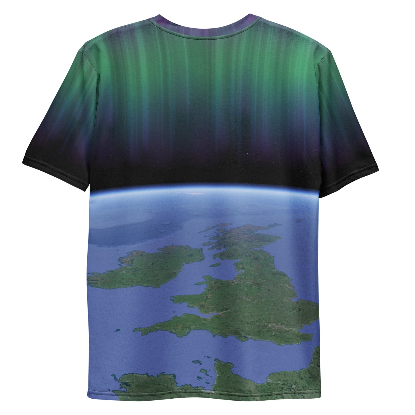 men's all over print Aurora Borealis over the British Isles t-shirt, laid flat, rear view