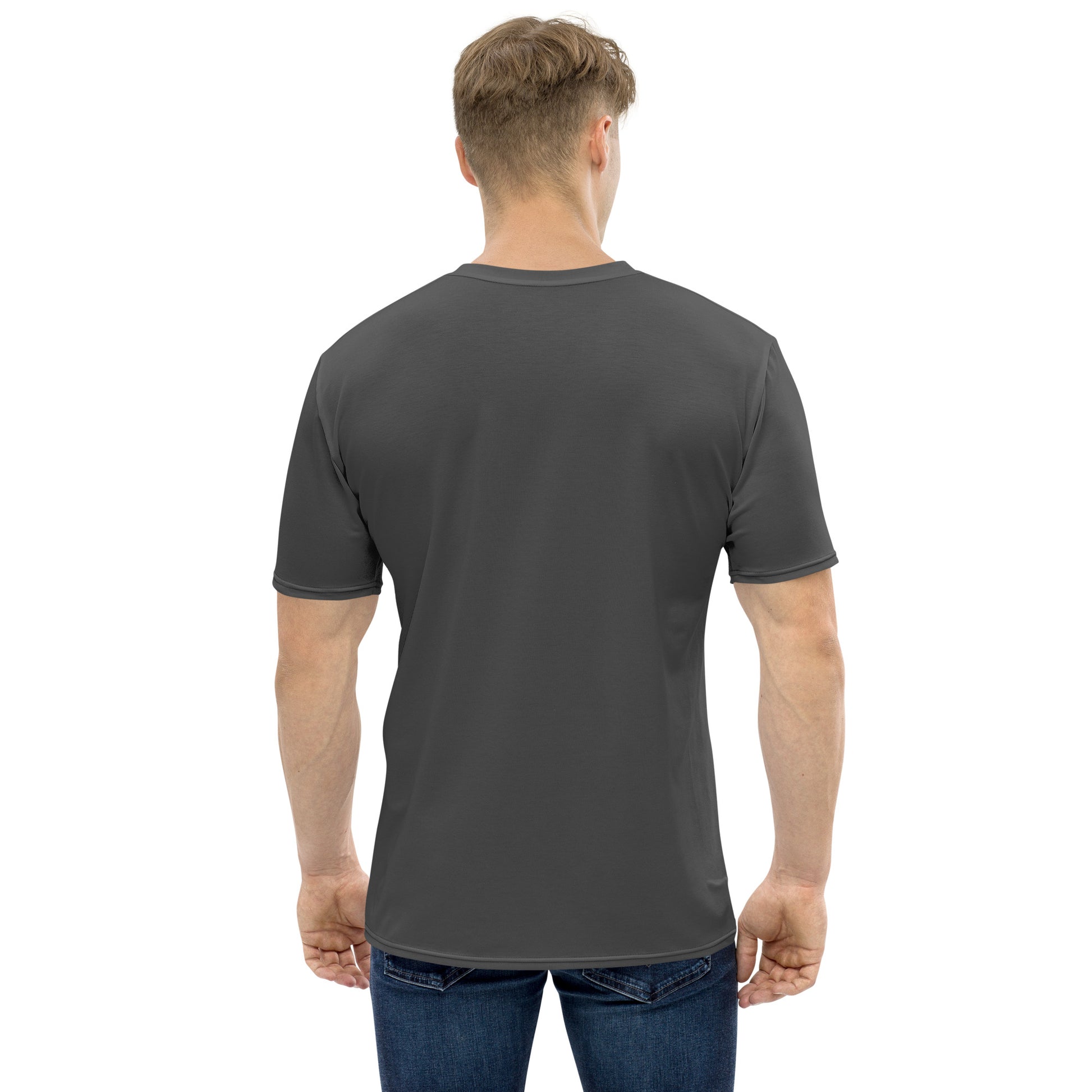 rear view of male model wearing a grey black t-shirt with an open zipper print revealing a skinned torso underneath