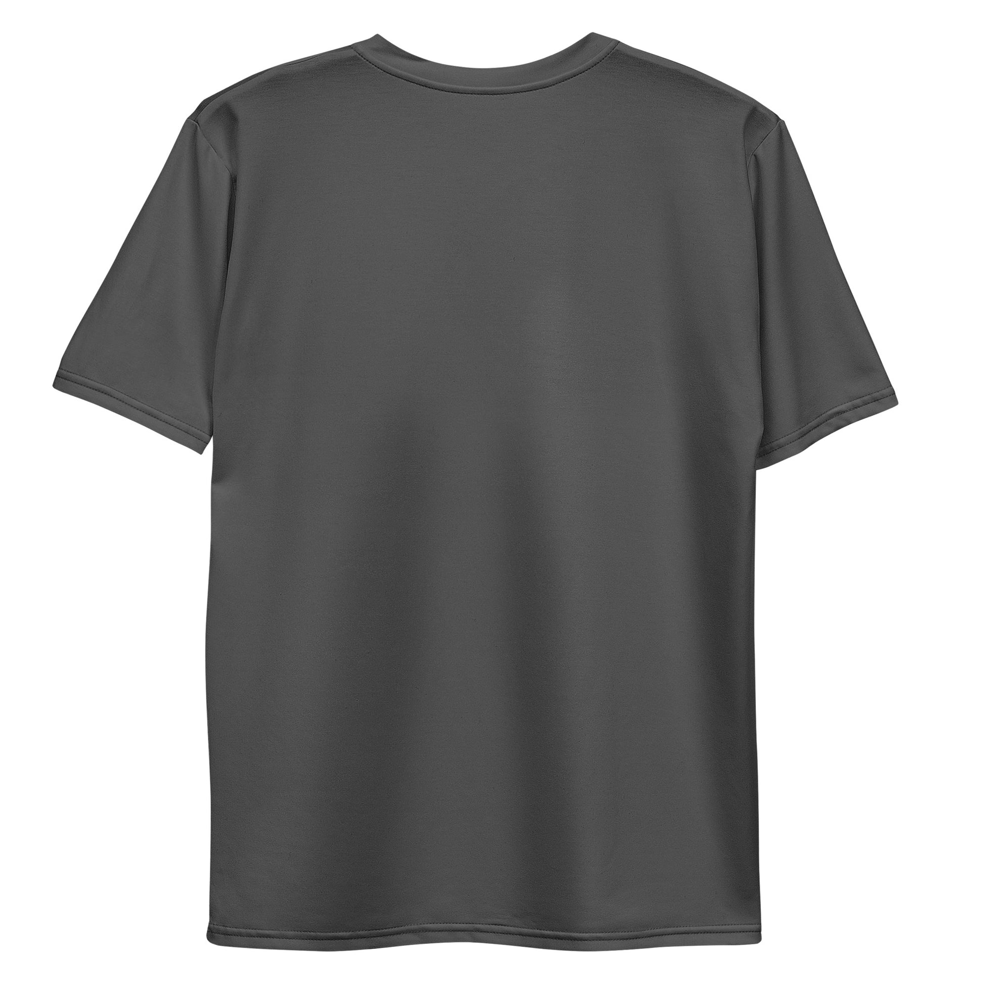 grey black t-shirt with an open zipper print revealing a skinned torso underneath, laid flat, rear view