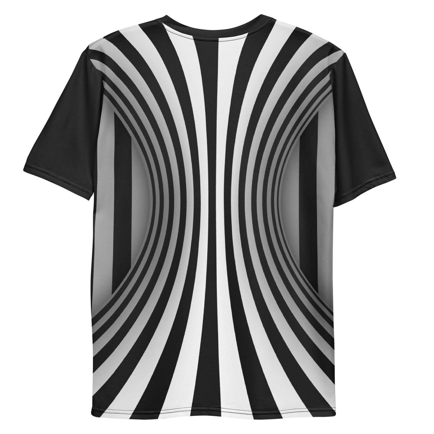 Black and white optical illusion men's all over print T-shirt, laid flat, rear view