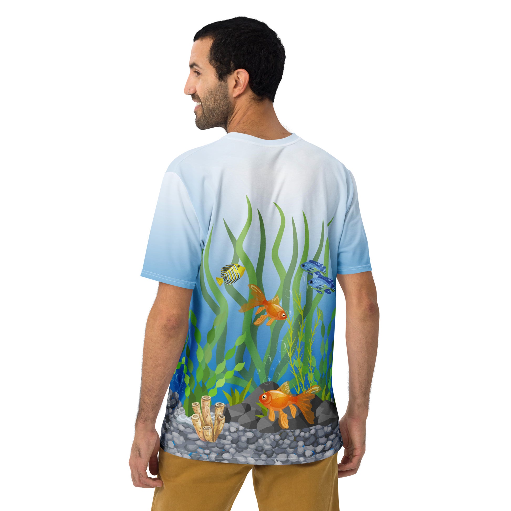 Tropical fish aquarium scene all over print men's novelty T-shirt, male model, rear view