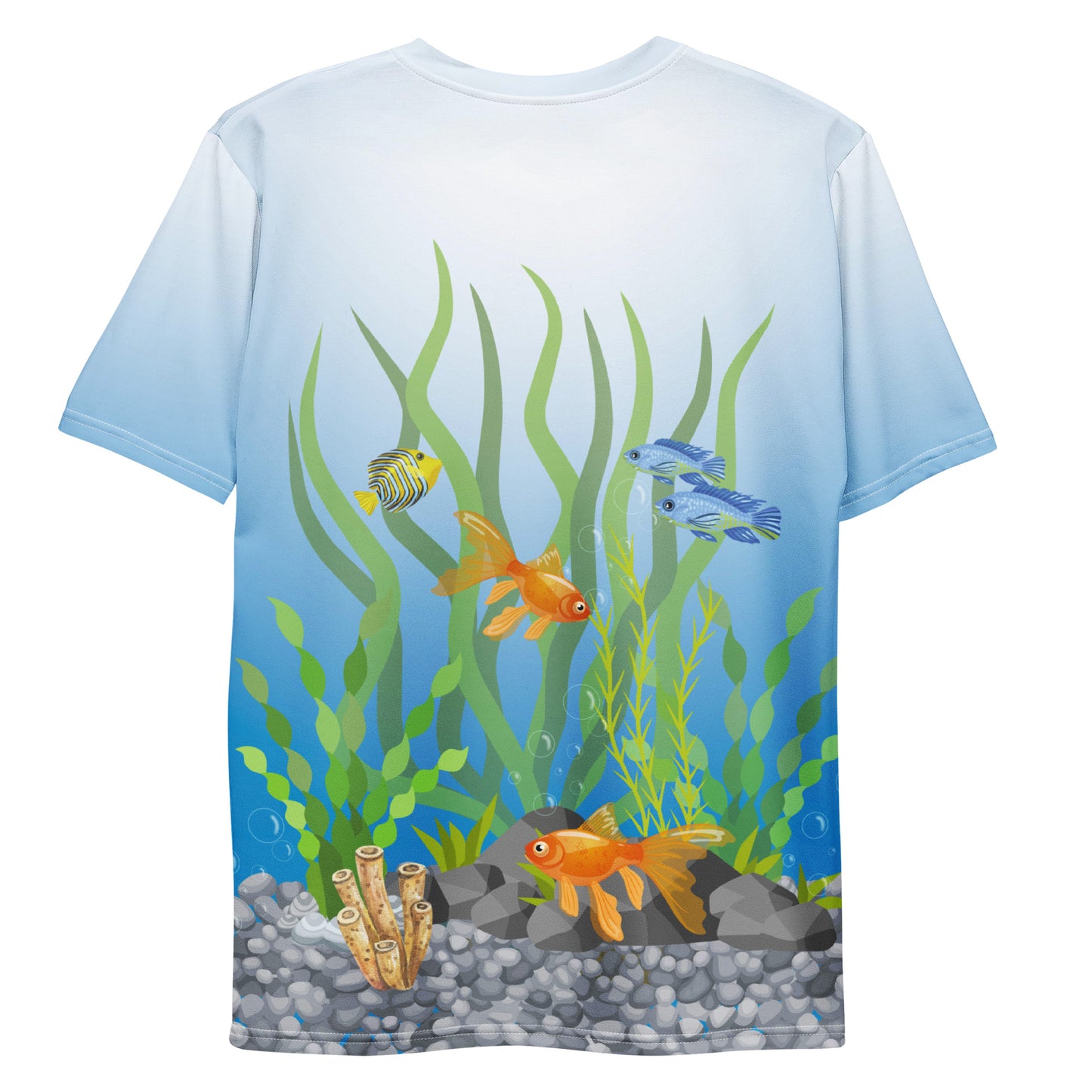 Tropical fish aquarium scene all over print men's novelty T-shirt, laid flat, rear view.