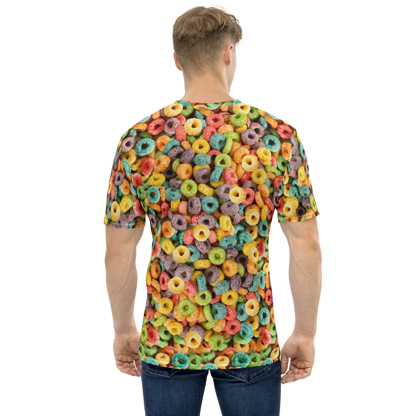 Man wearing Fruity Cereal Loops men's all over print T-shirt, rear view