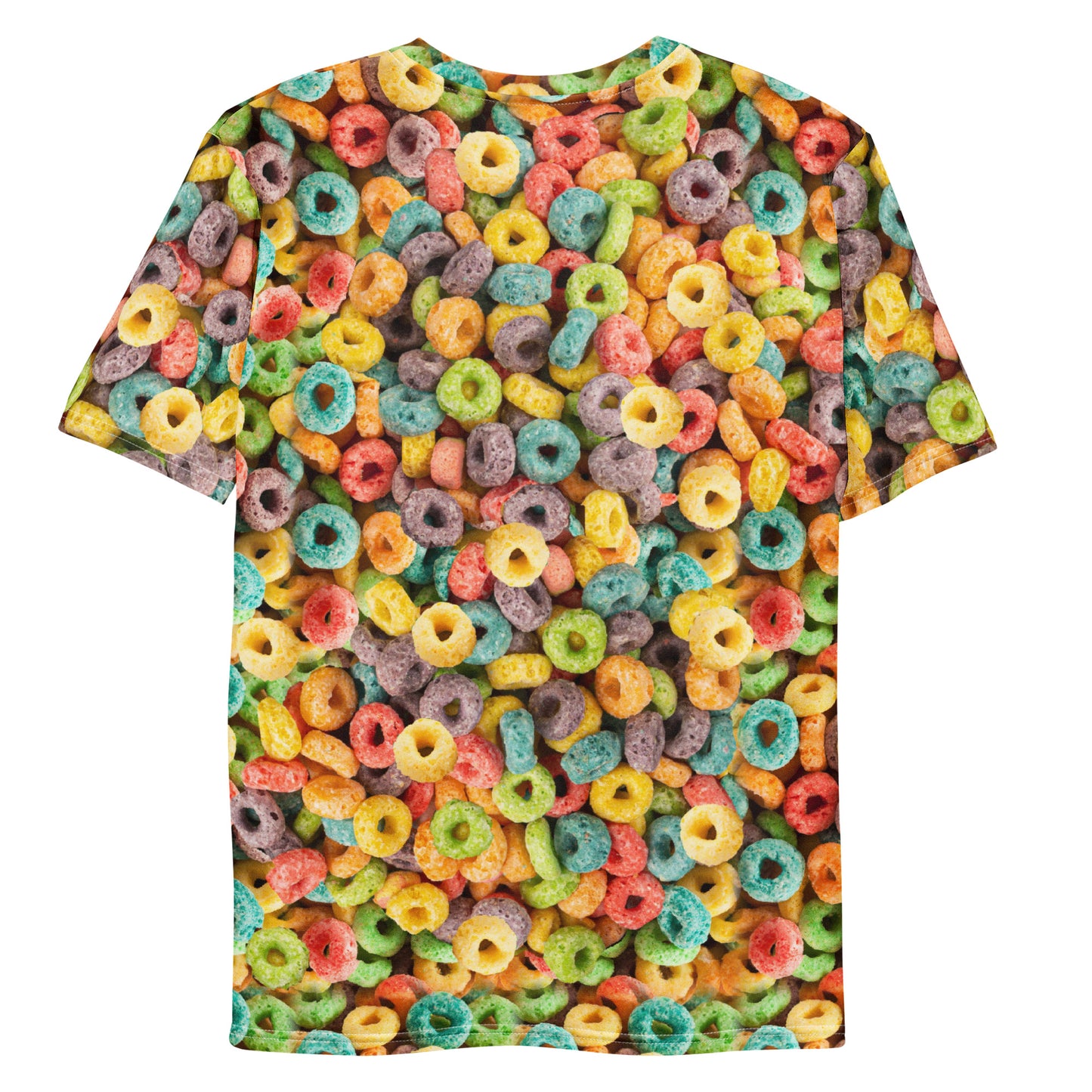 Fruity Cereal Loops men's all over print T-shirt, laid flat, back view