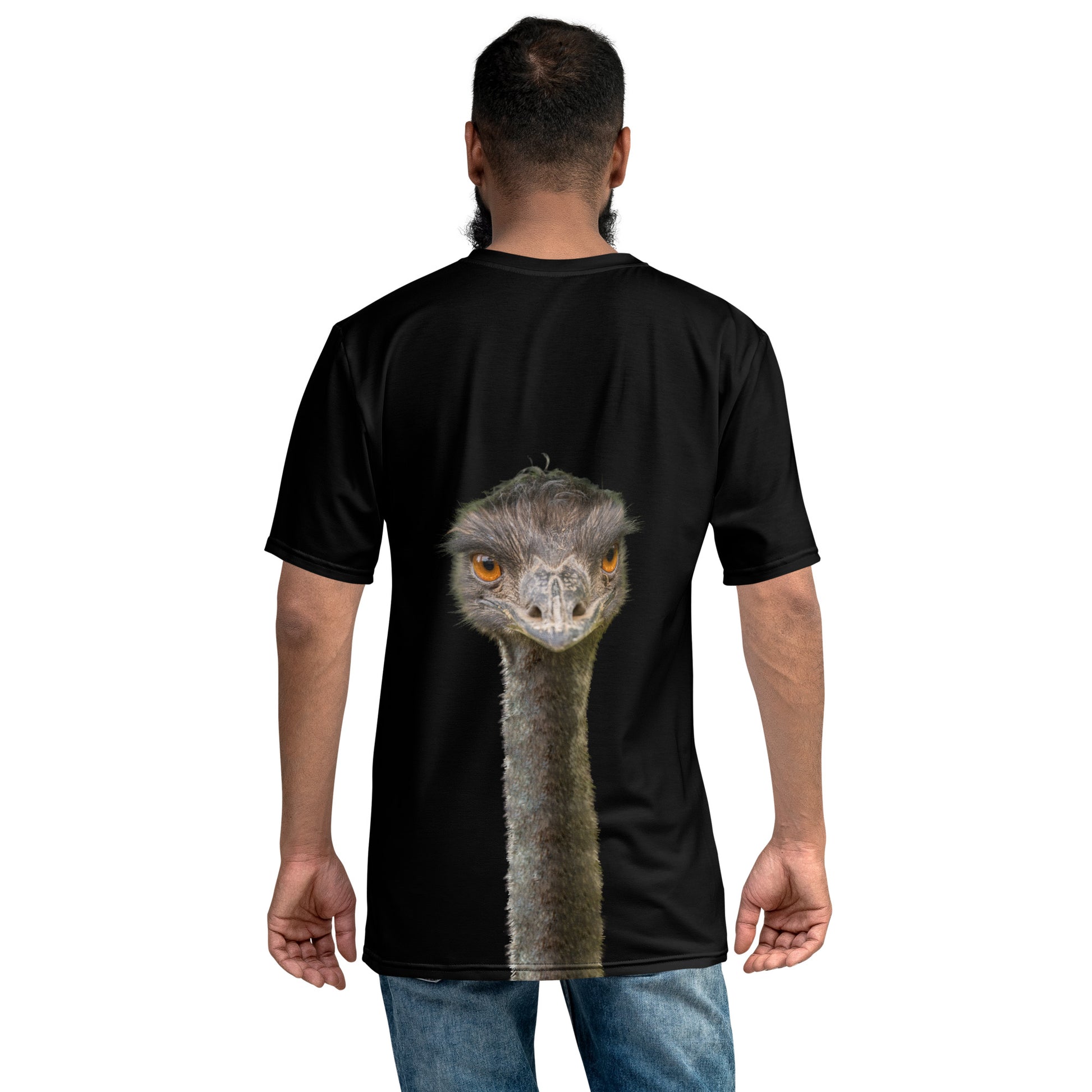 Men's all over print black T-shirt with an Emu head and neck printed on the front and back, male model, rear view