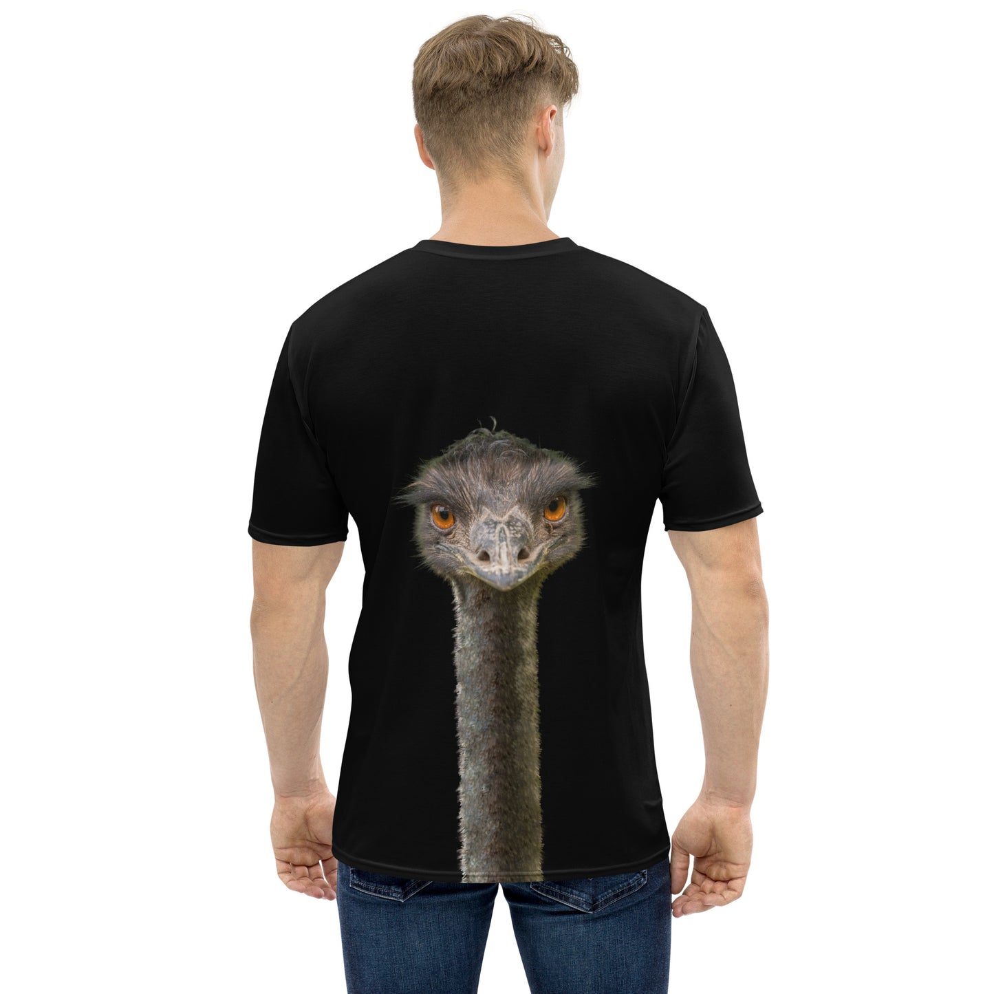 Men's all over print black T-shirt with an Emu head and neck printed on the front and back, rear view, male model