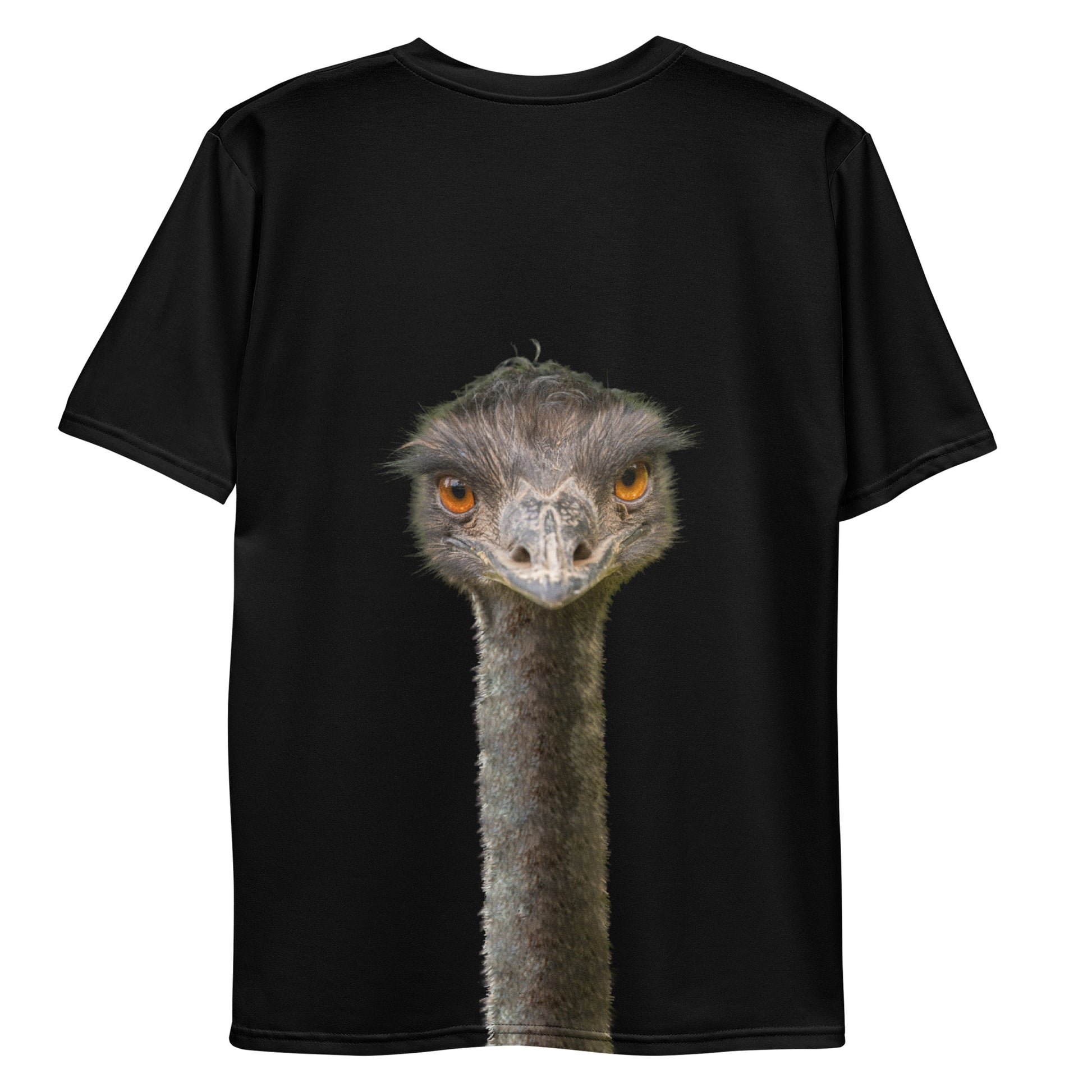 Men's all over print black T-shirt with an Emu head and neck printed on the front and back, laid flat, rear view