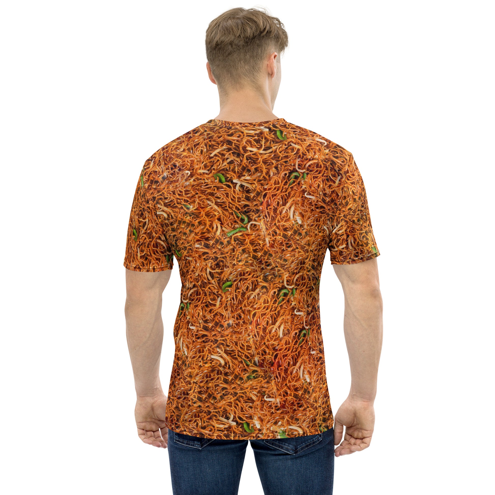 Young man wearing a Chow mein chinese noodles men's all over print T-shirt, rear view.