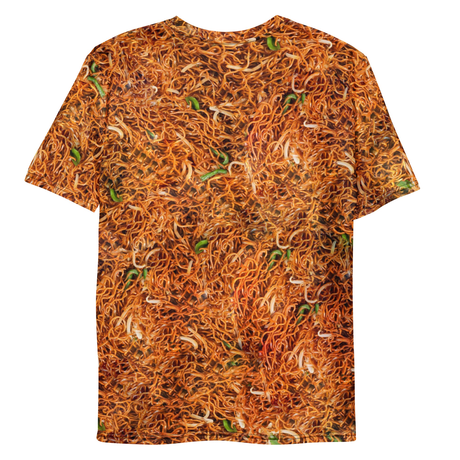 Chow mein chinese noodles men's all over print T-shirt, laid flat, rear view.