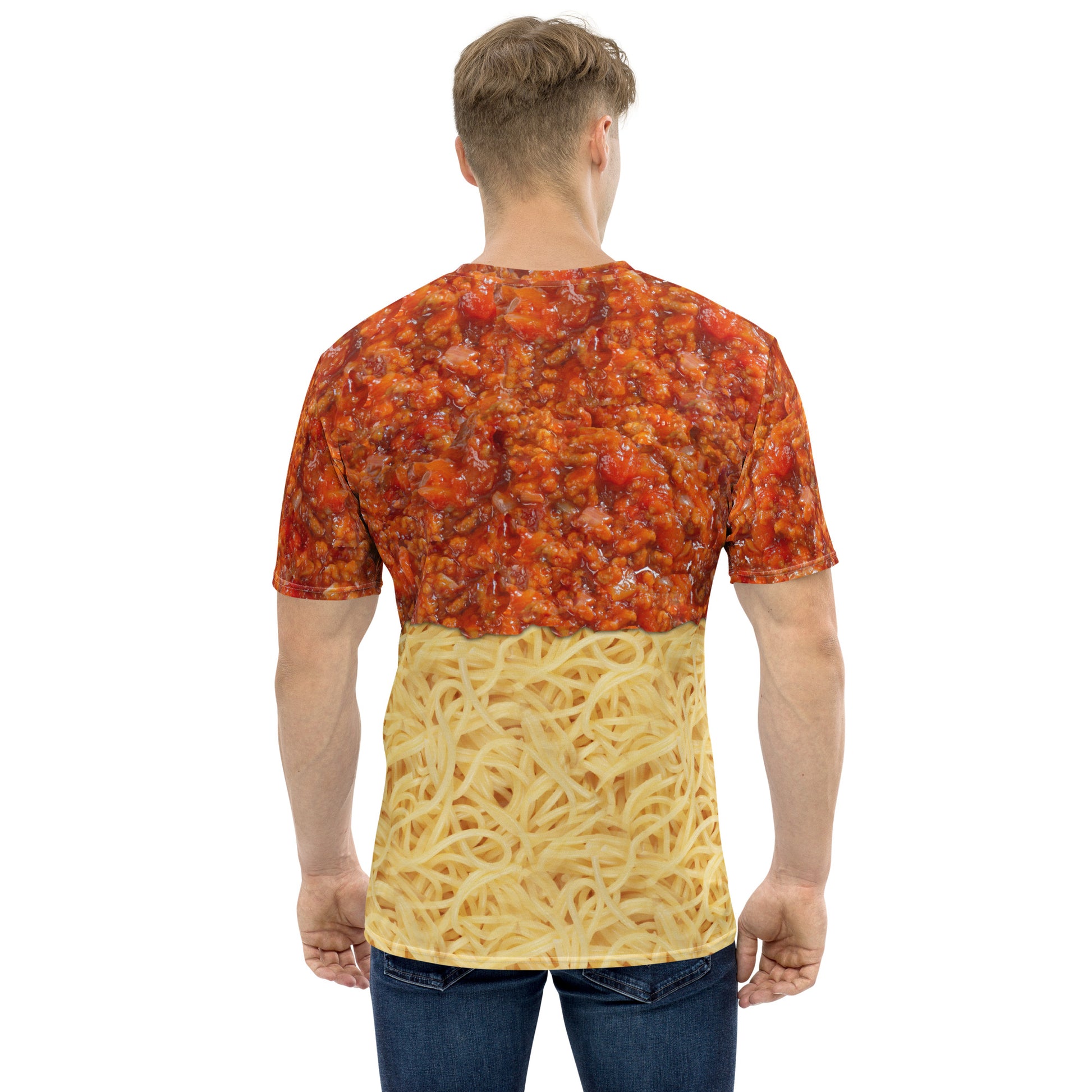 Young man wearing a Spaghetti bolognese all over print men's novelty T-shirt, back view.