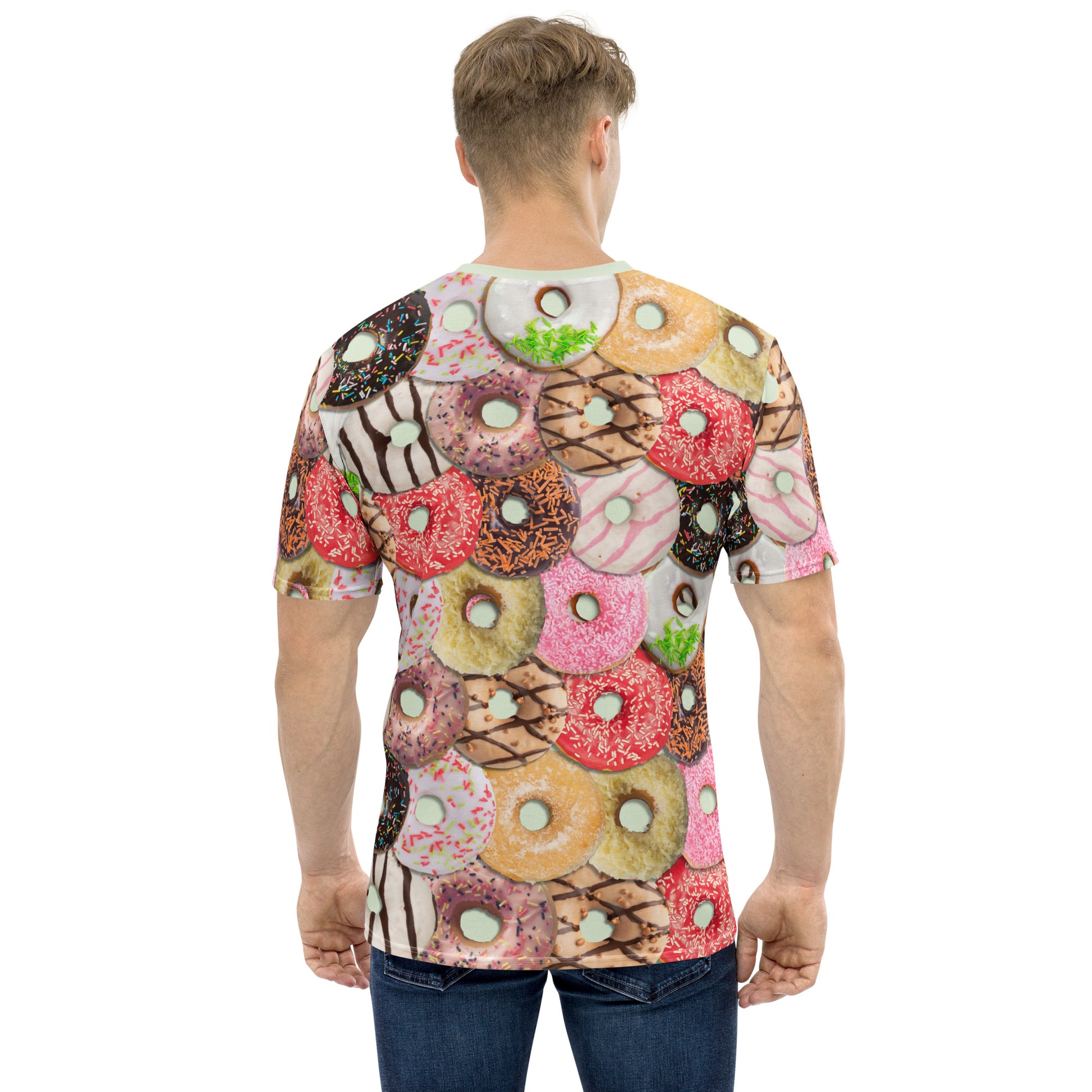 Young man wearing a Men's all over print Iced Doughnuts T-shirt, rear view.