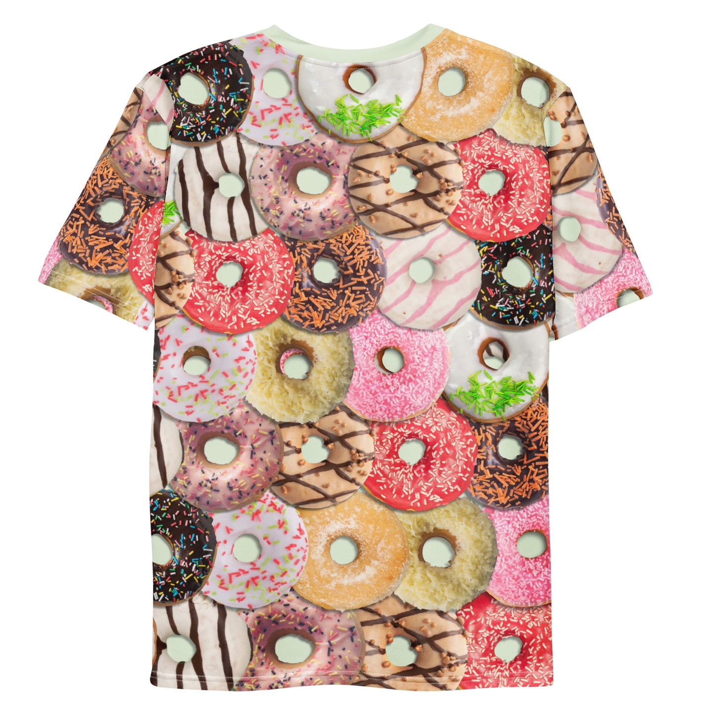 Men's all over print Iced Doughnuts T-shirt, laid flat, back of shirt.