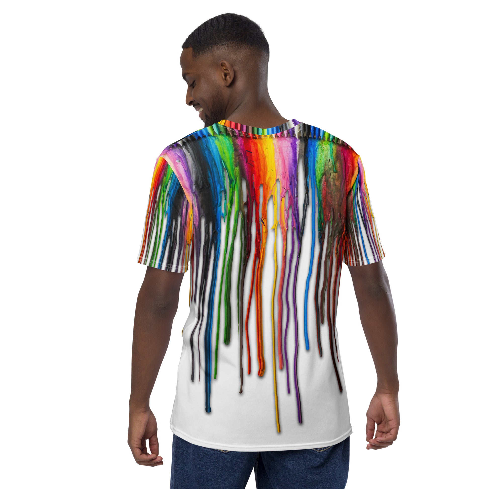 Young man wearing an All over print Melted Crayons Dripping down the shirt T-shirt, back view.