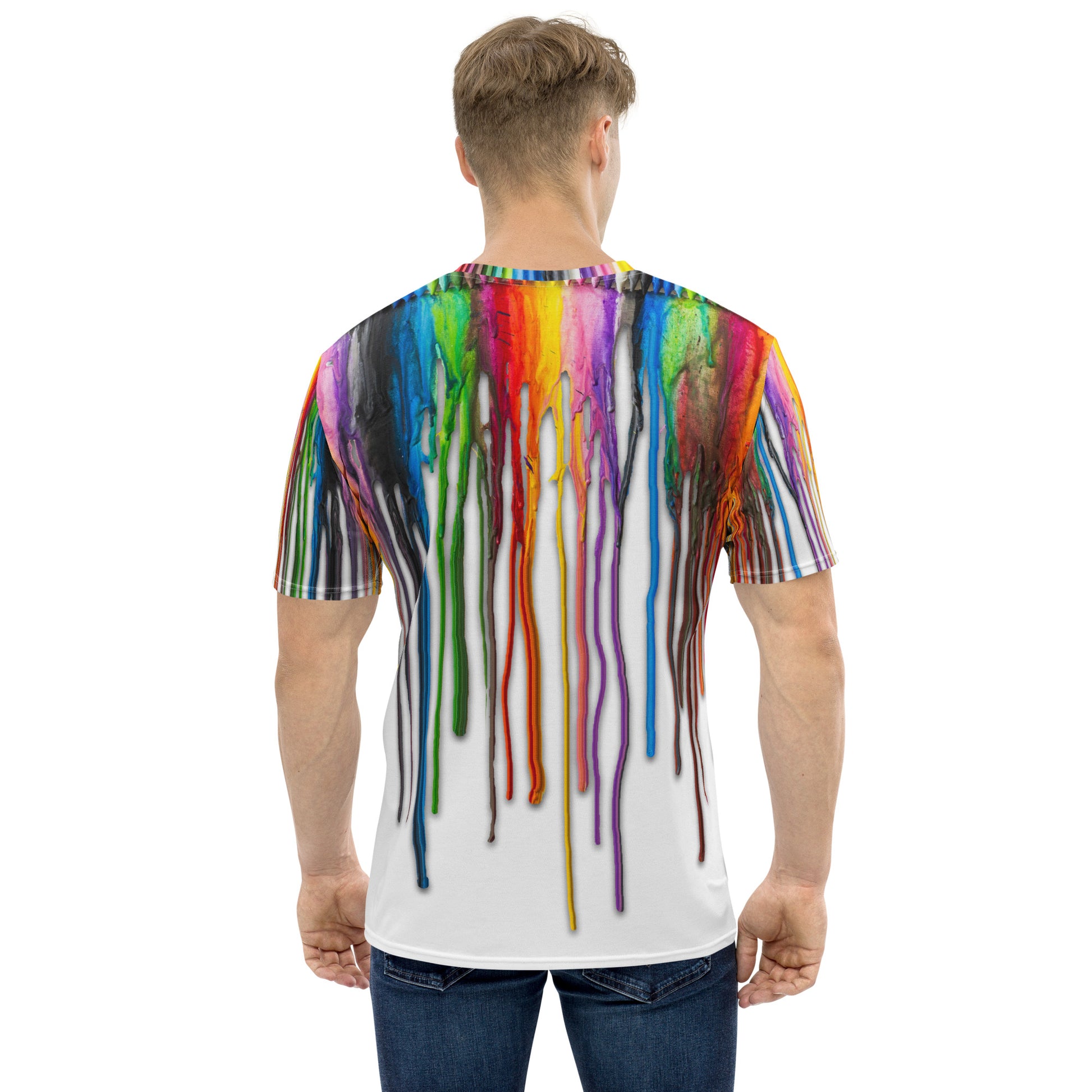 Young man wearing an All over print Melted Crayons Dripping down the shirt T-shirt, back.