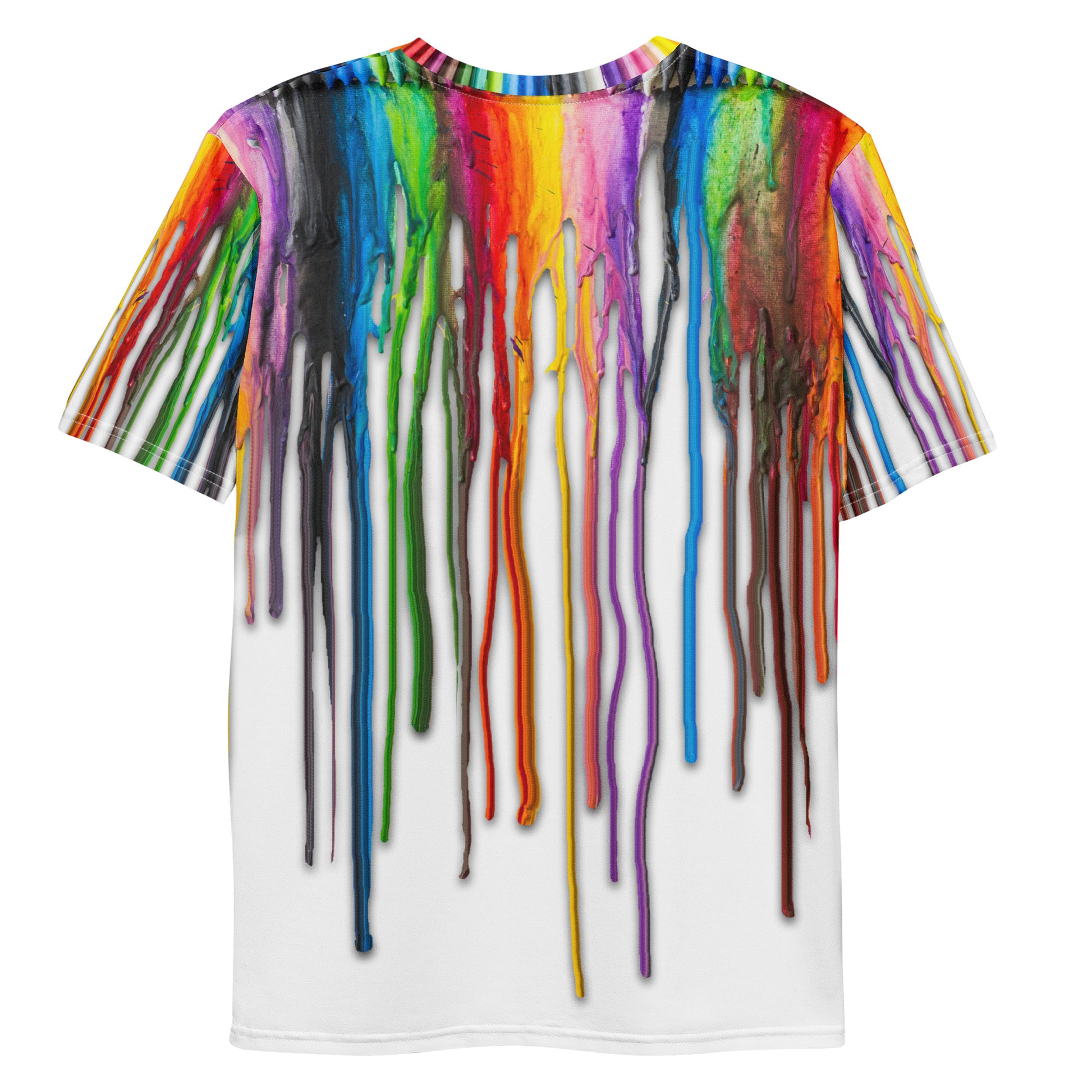 All over print Melted Crayons Dripping down the shirt men's T-shirt, laid flat, back.