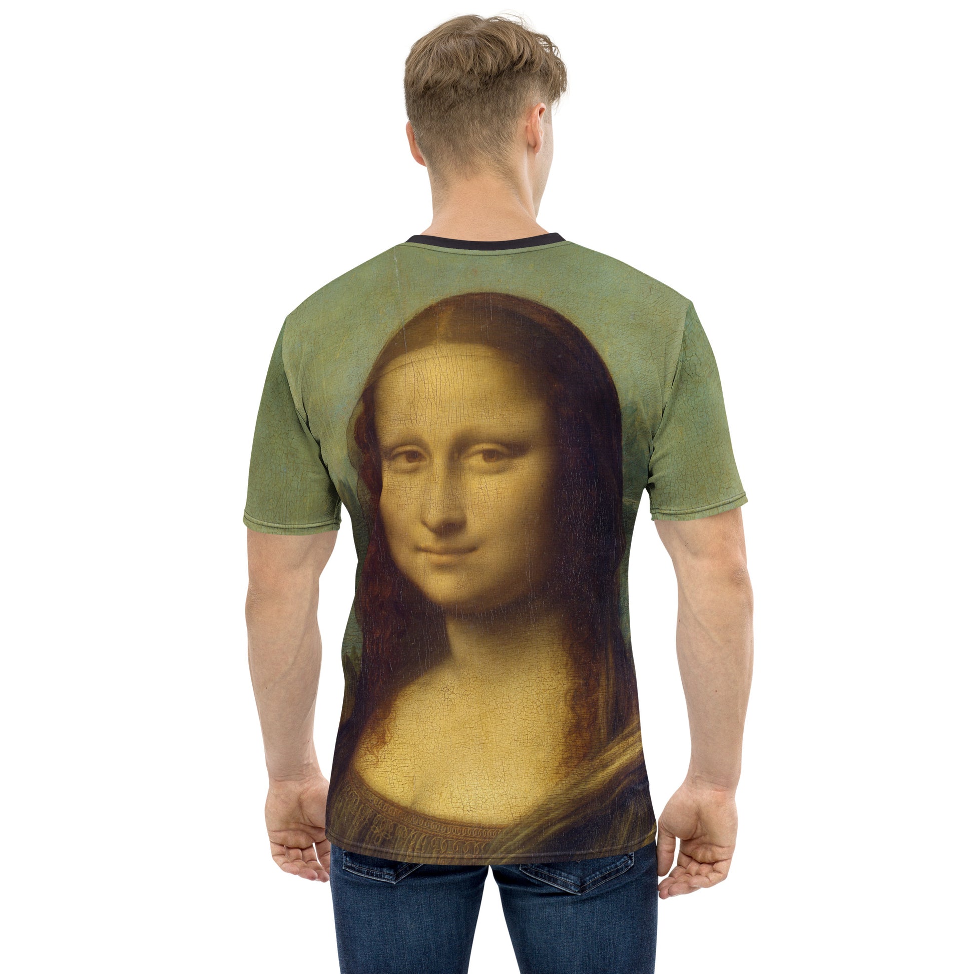 Young man modelling a Mona Lisa Smile all over print Novelty T-shirt, back.