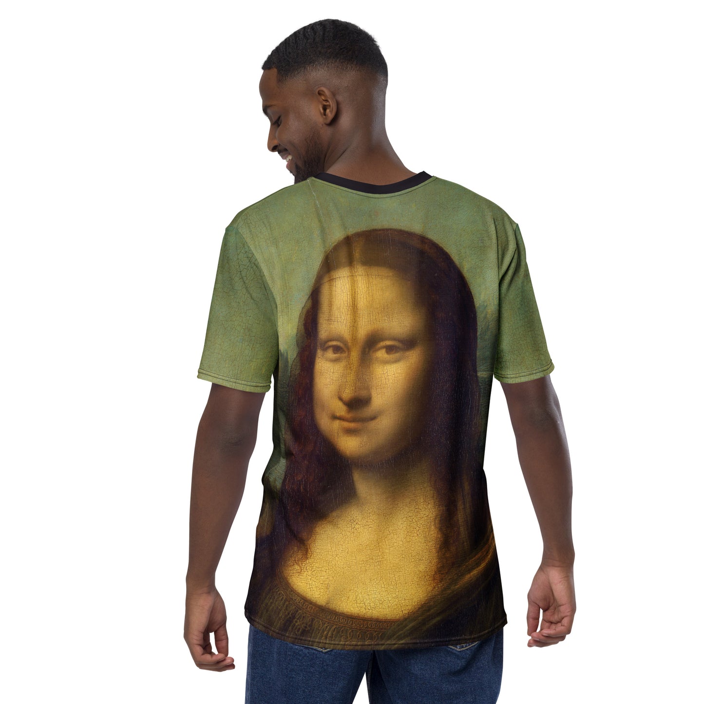 Young man modelling a Mona Lisa Smile all over print Novelty T-shirt, back view.