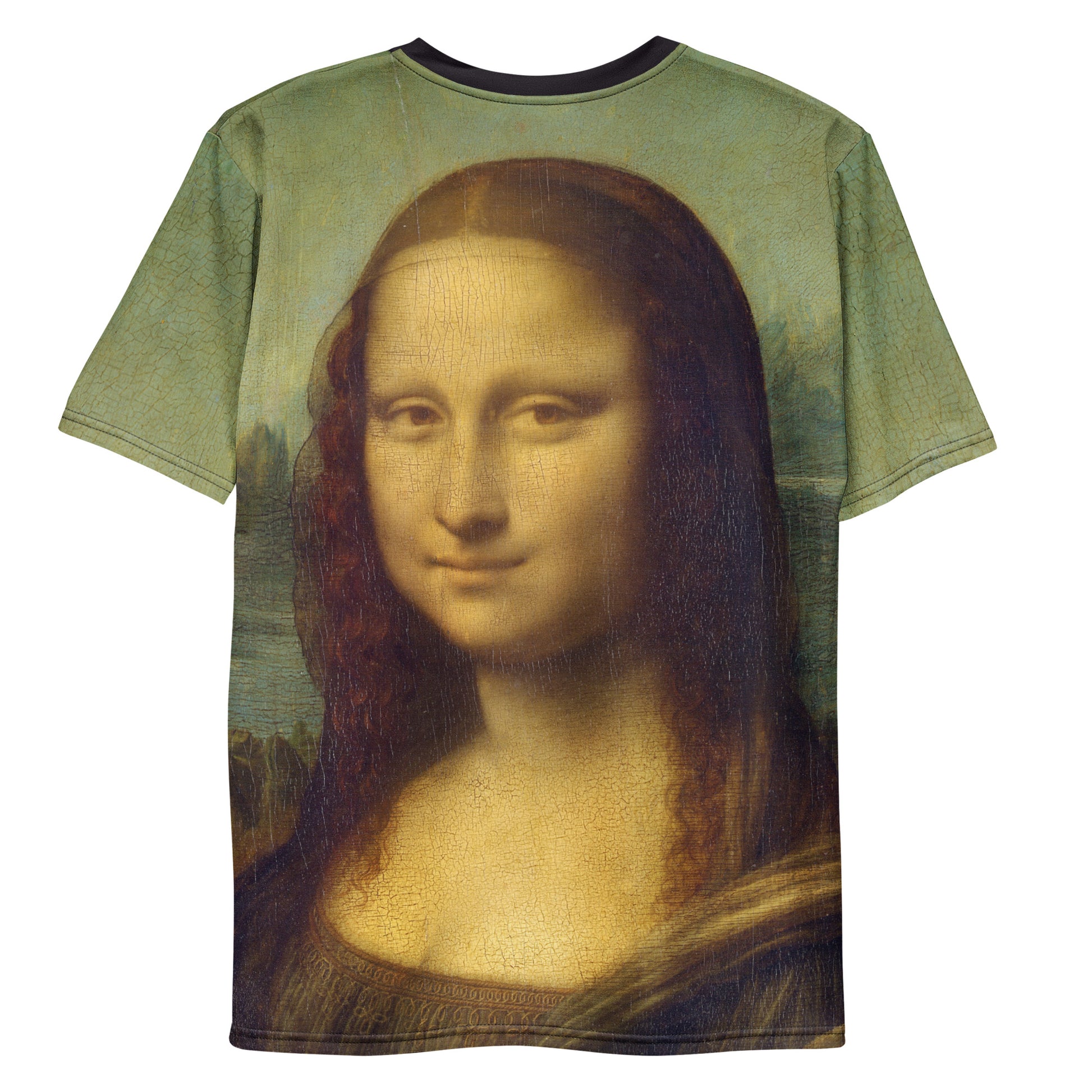 Mona Lisa Smile all over print Novelty T-shirt, laid flat, back.