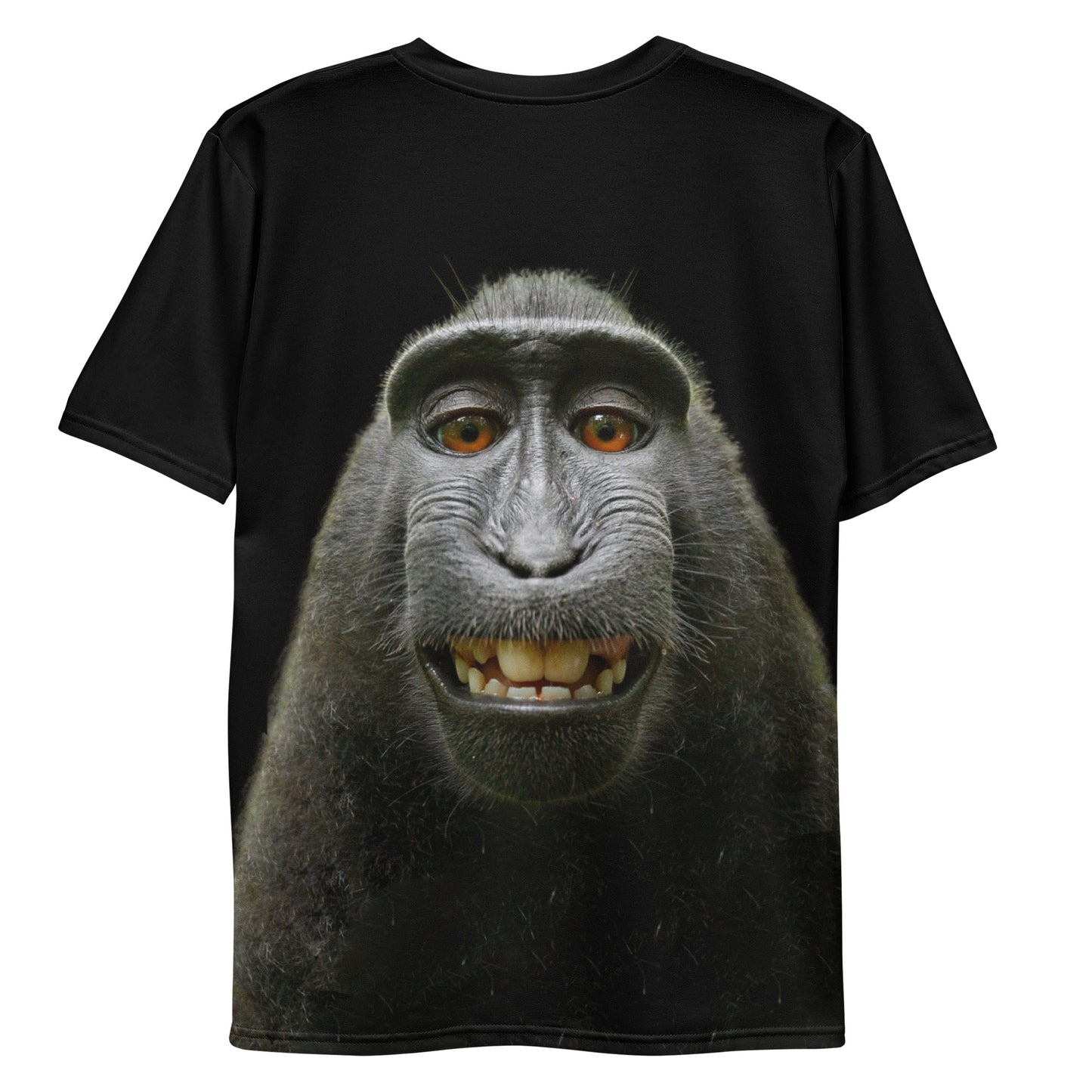 Funny monkey face all over print men's T-shirt,, laid flat, back.