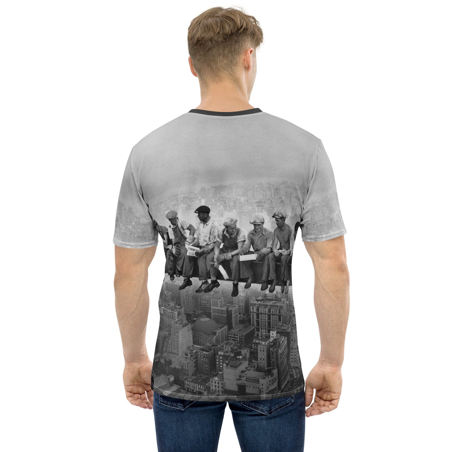 Young man wearing a Vintage Lunch Atop a Skyscraper Iconic All Over Print Photo T-shirt, rear view