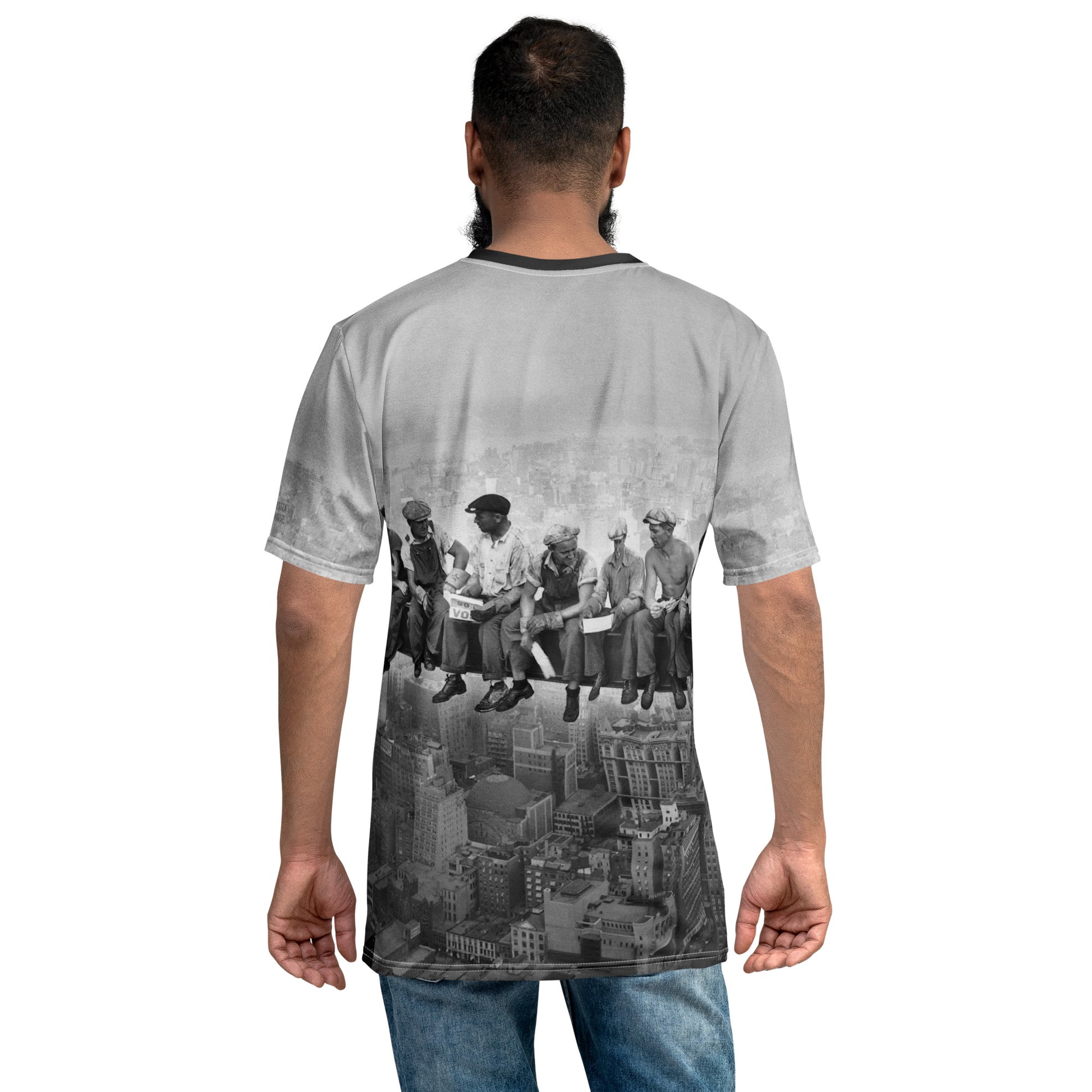 older man wearing a Vintage Lunch Atop a Skyscraper Iconic All Over Print Photo T-shirt, back view