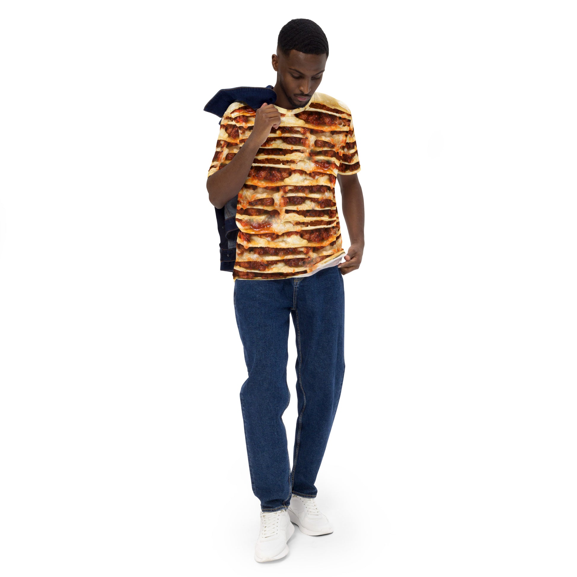 male model walking wearing Lasagne layers all over print men's T-shirt