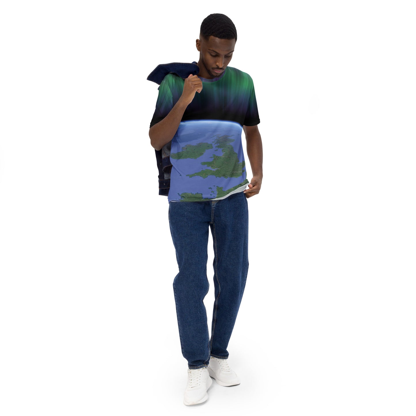 male model walking wearing an all over print Northern lights over the British Isles T-shirt