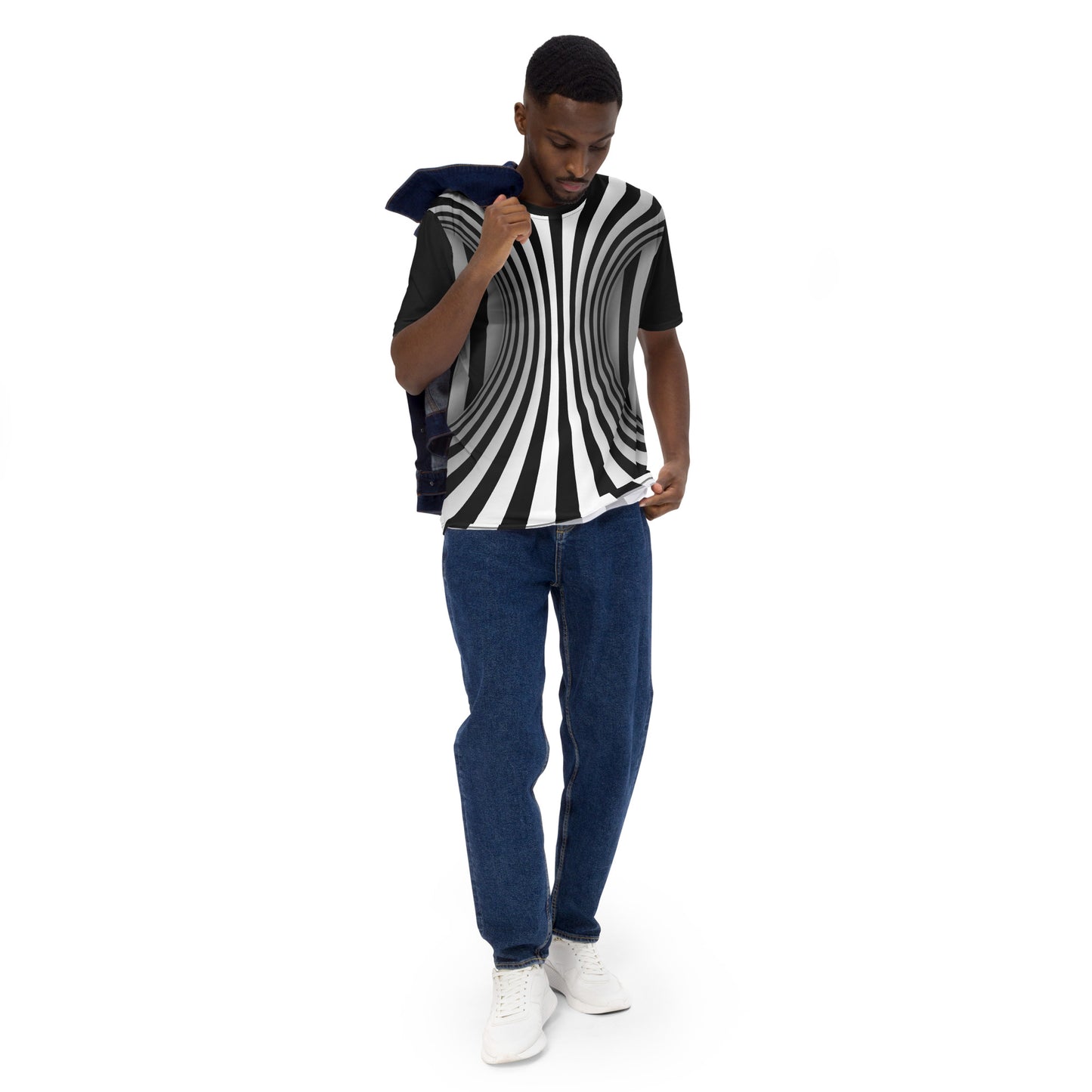 Male model walking wearing Black and white optical illusion men's all over print T-shirt