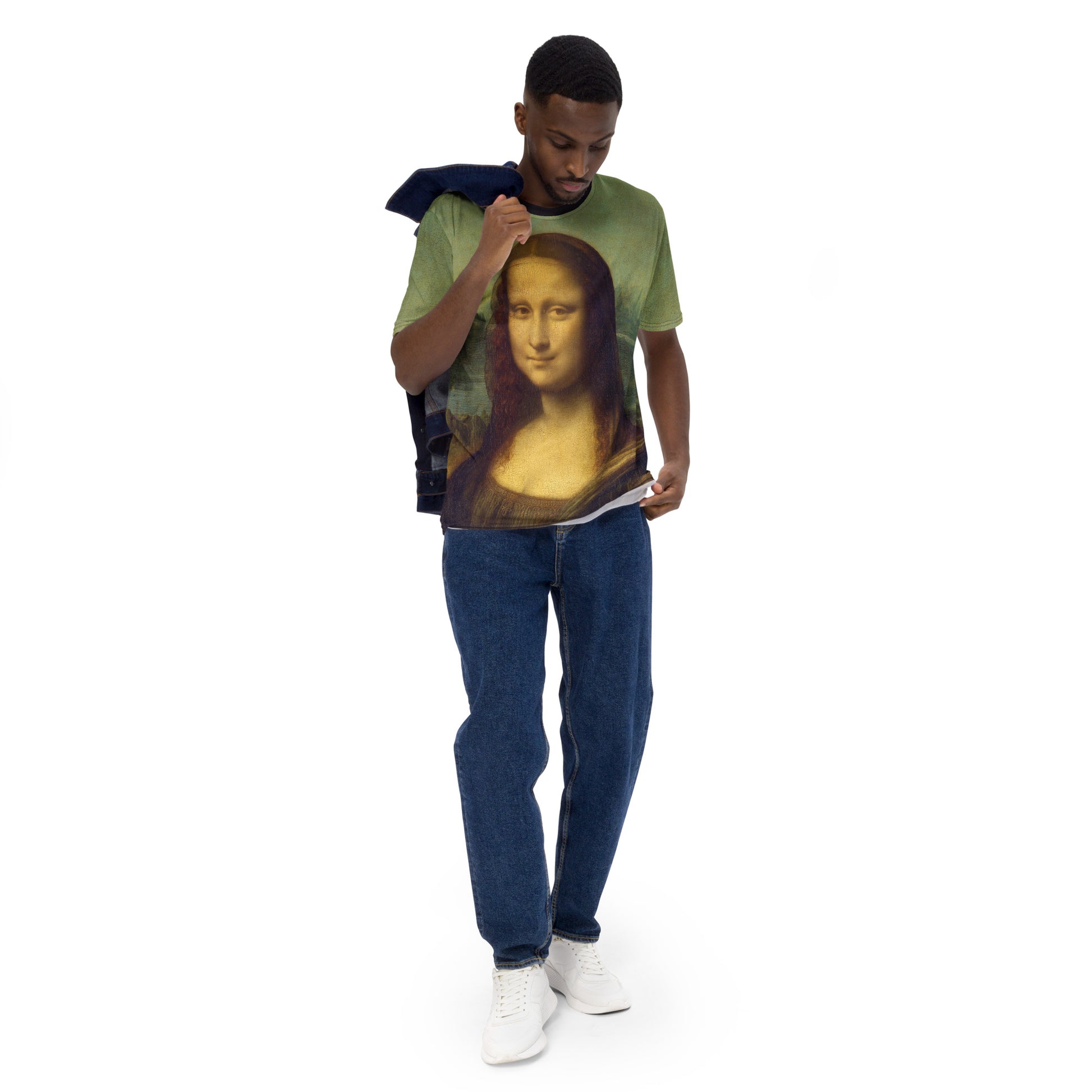 Young man modelling a Mona Lisa Smile all over print Novelty T-shirt, walking.