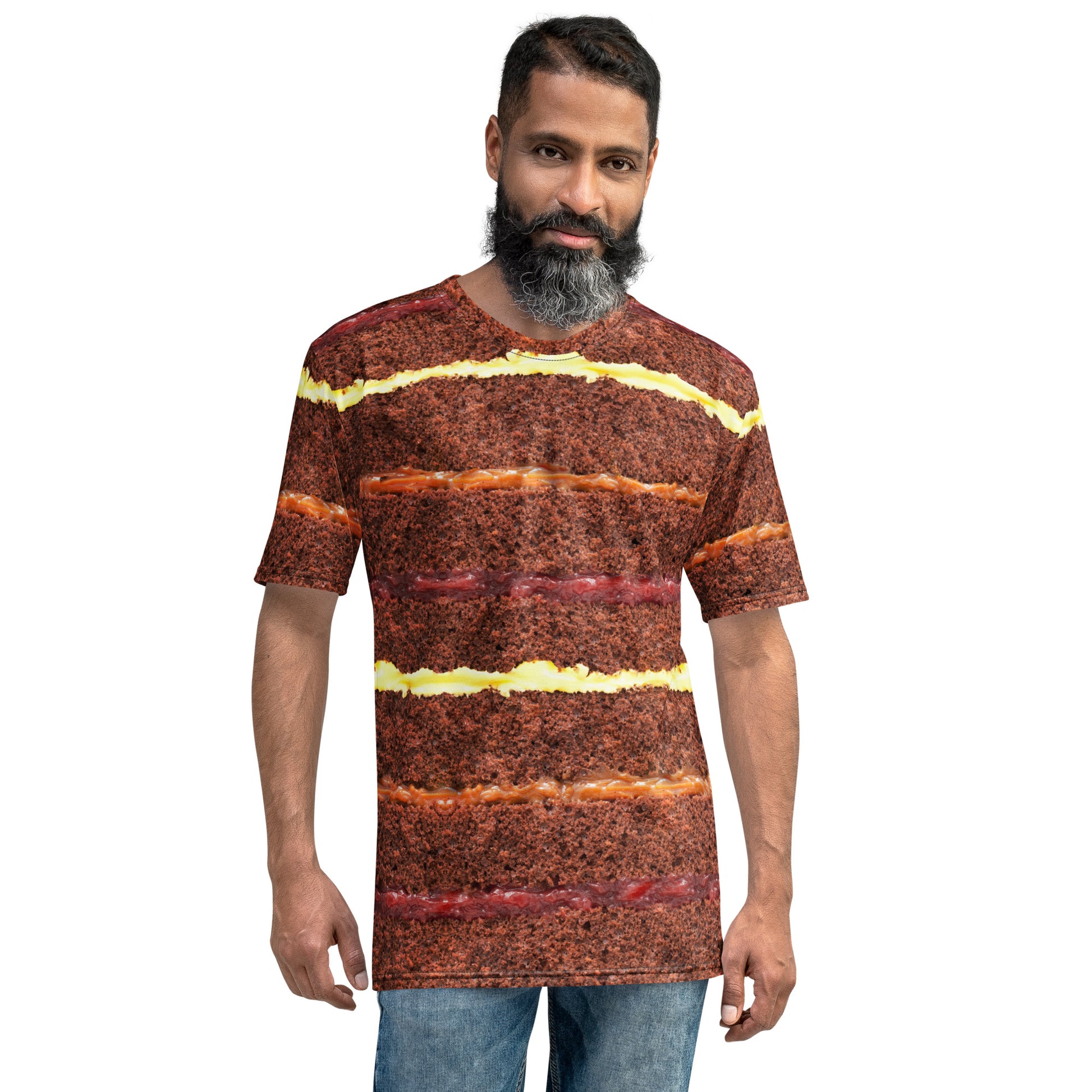 male model wearing Chocolate Gateau Cake Layers all over print men's T-shirt front view