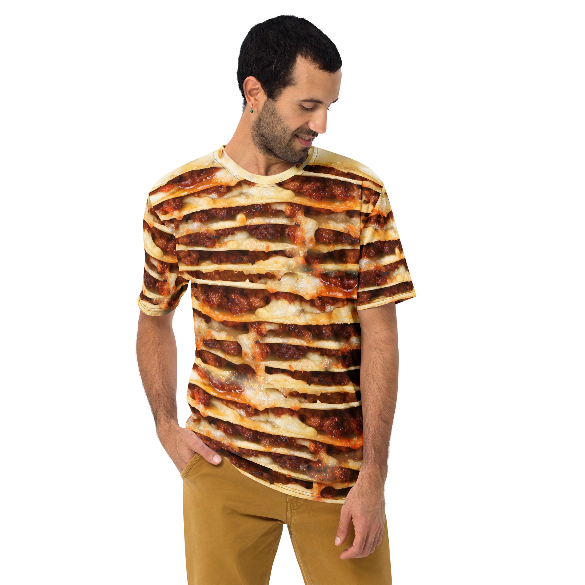 male model wearing Lasagne layers all over print men's T-shirt front view