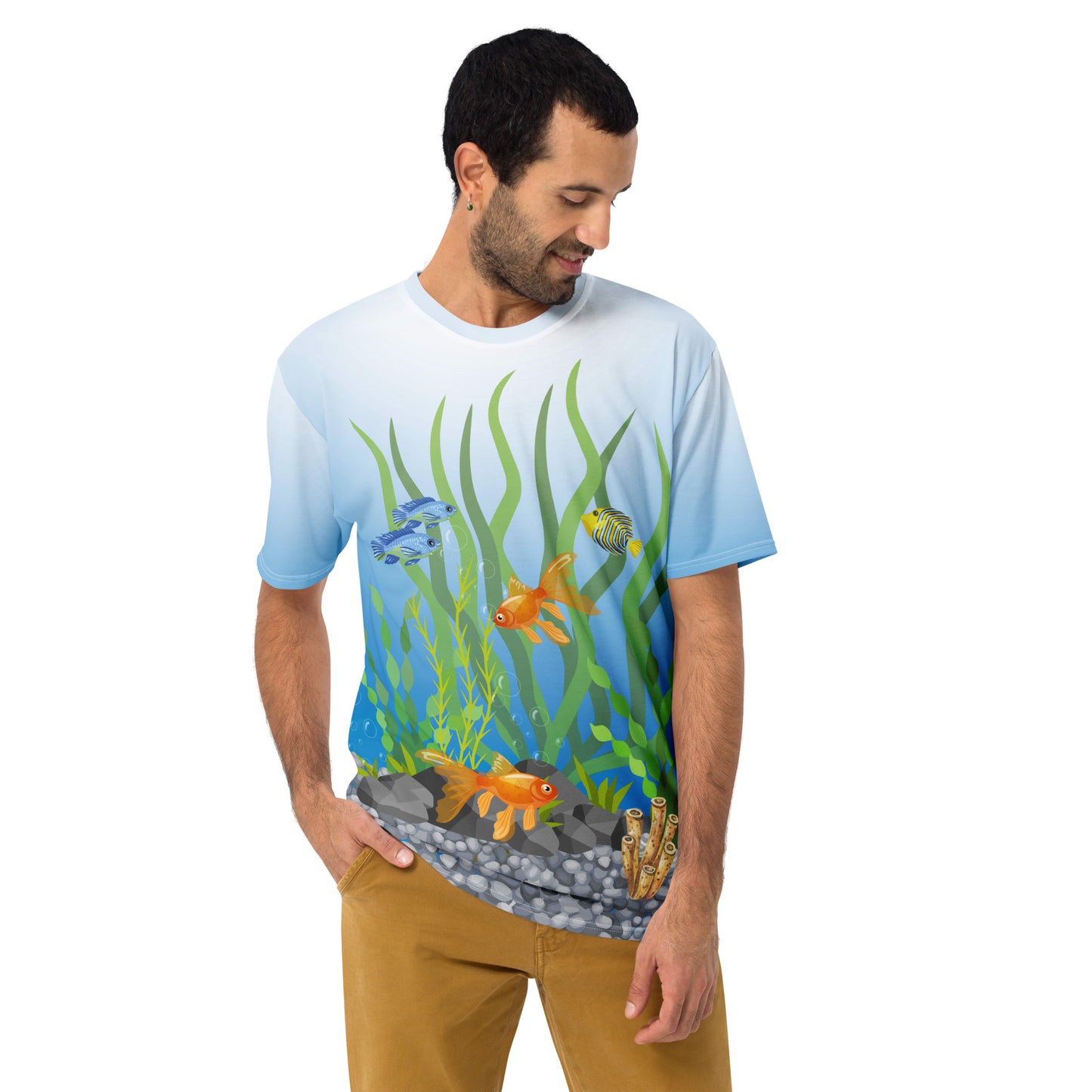 Tropical fish aquarium scene all over print men's novelty T-shirt, male model, front view