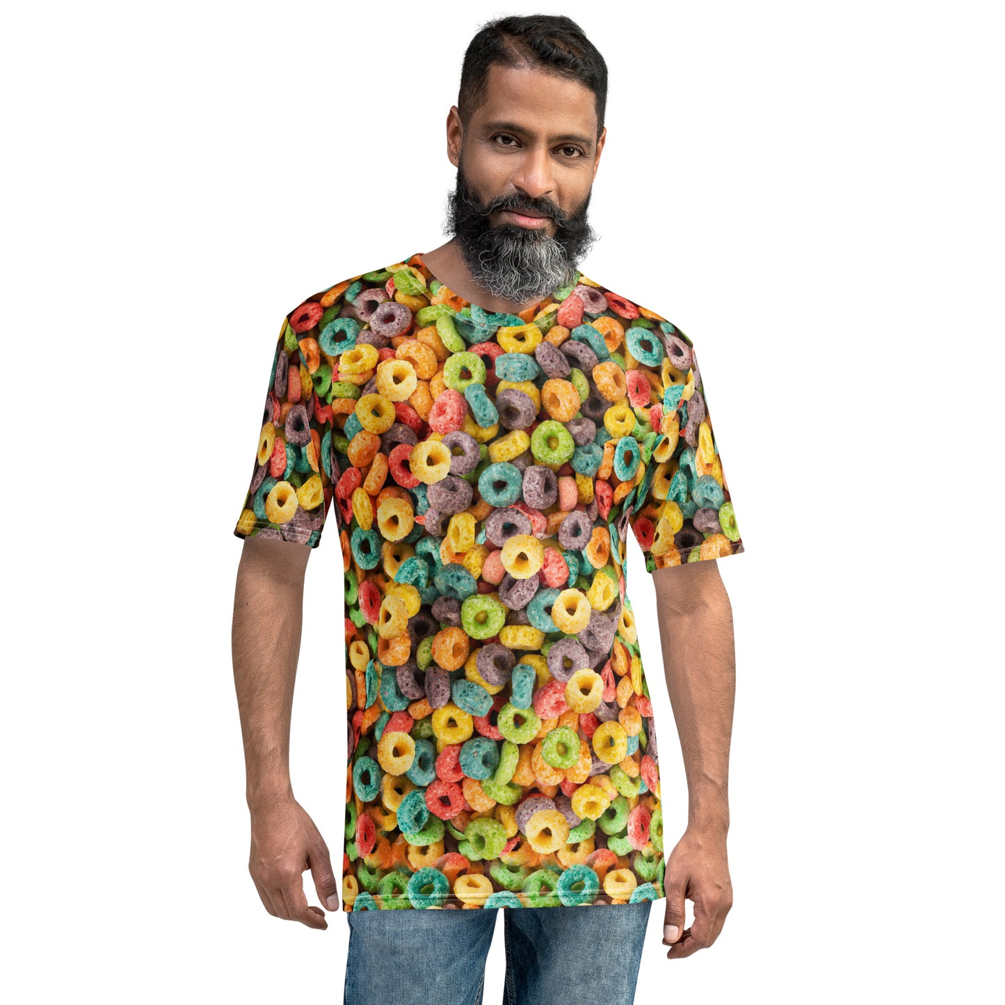 older man wearing Fruity Cereal Loops men's all over print T-shirt, front view